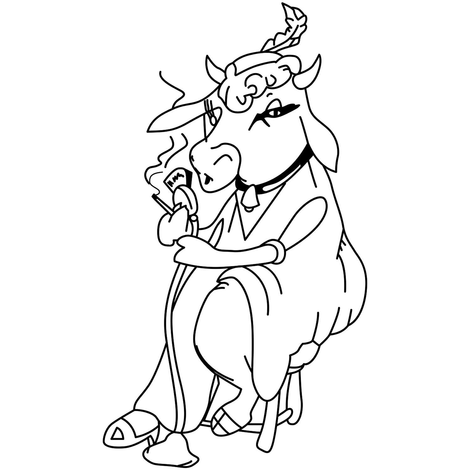 Black and white cartoon cow line art illustration, coloring page style with a whimsical cow character holding a cup.