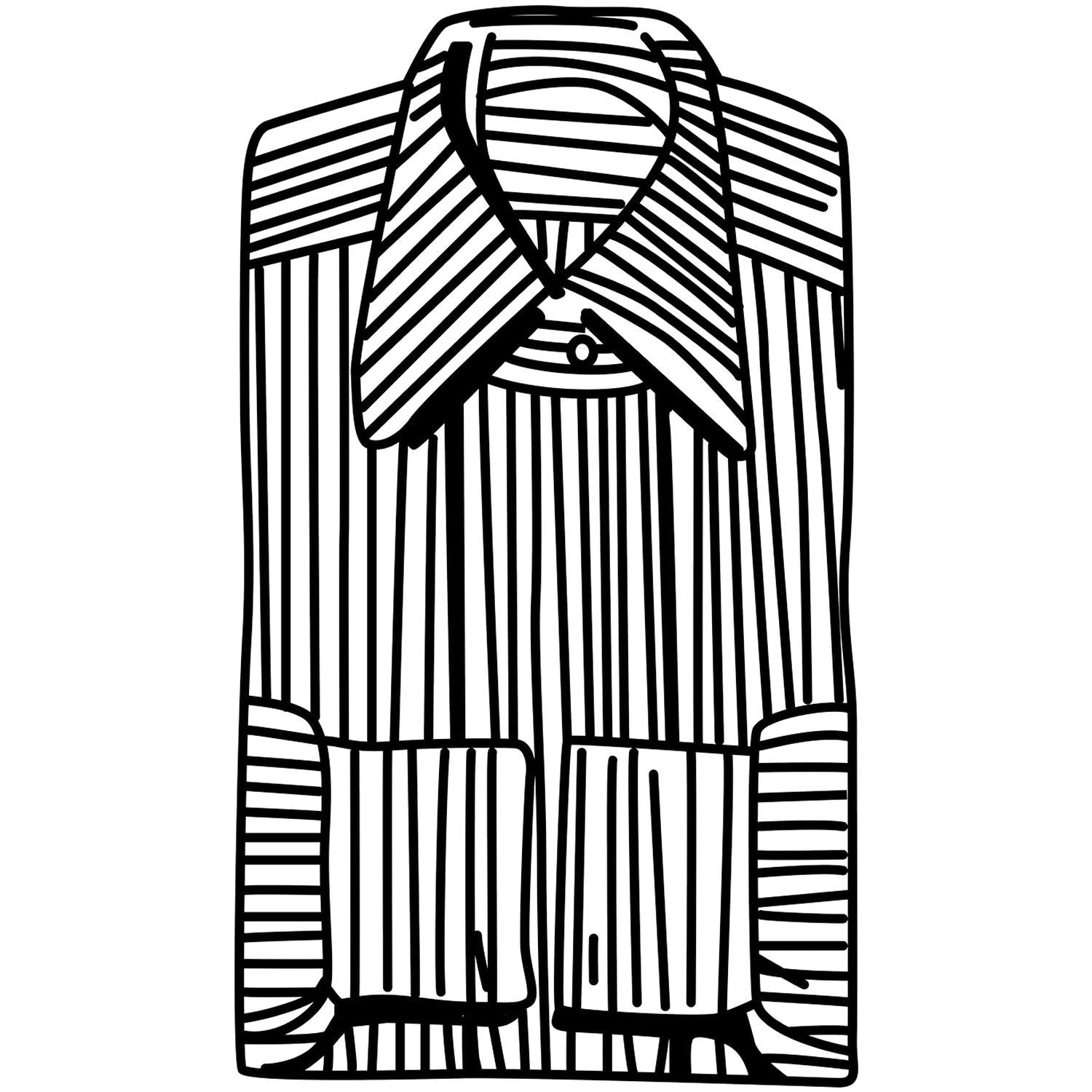 Black and white striped button-up dress shirt illustration with collar and long sleeves.