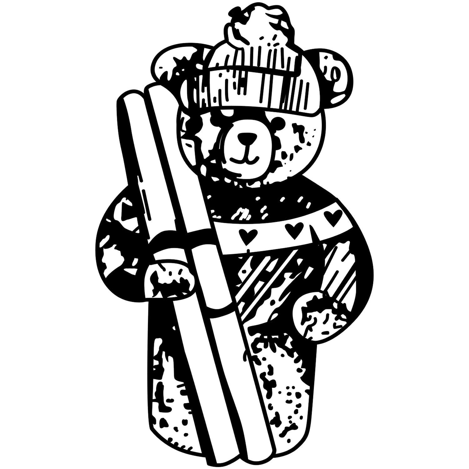 Black and white teddy bear illustration wearing a beanie and heart sweater, holding a skateboard, cute retro streetwear art.