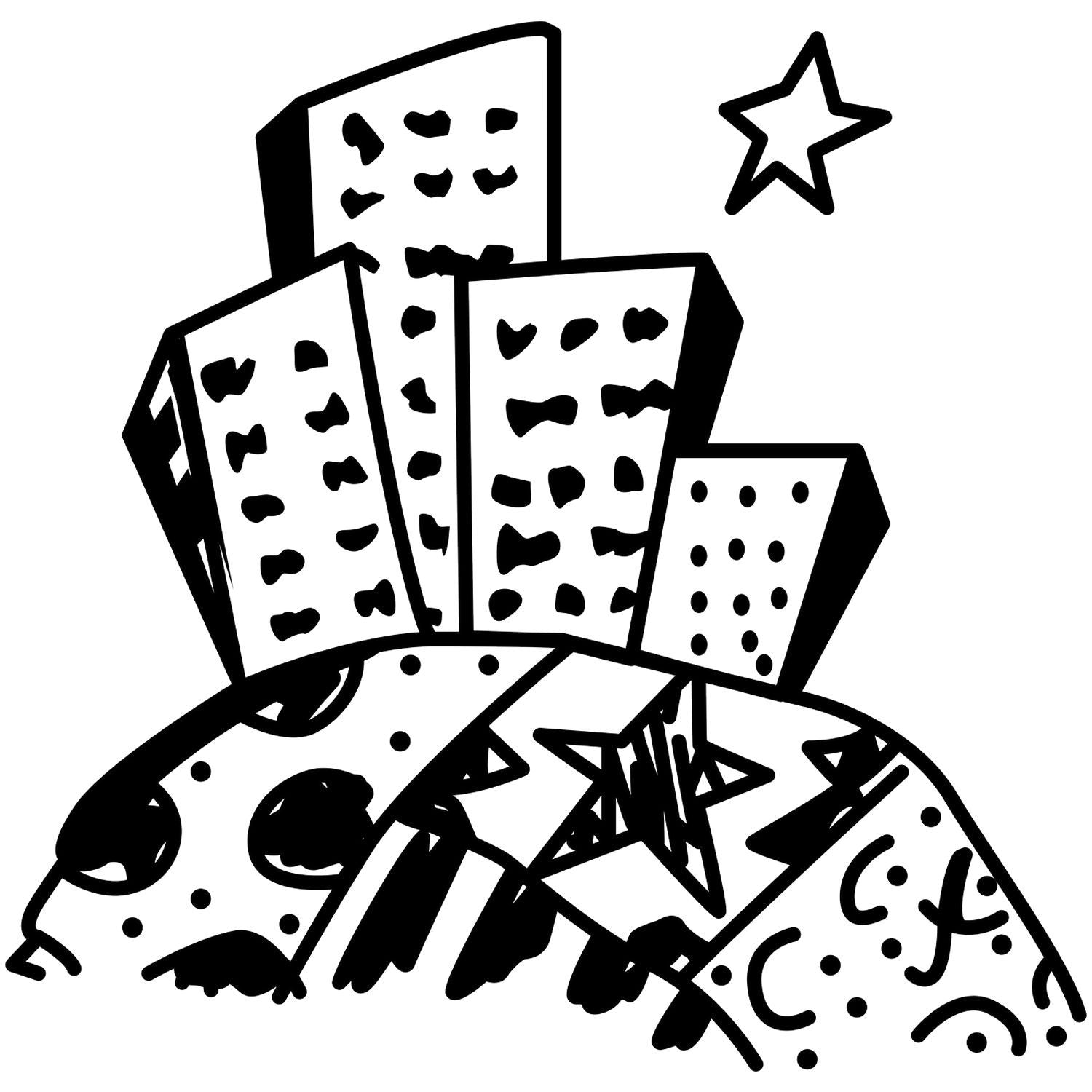 Black and white city skyline illustration with doodle-style skyscrapers and a star over a planet surface.