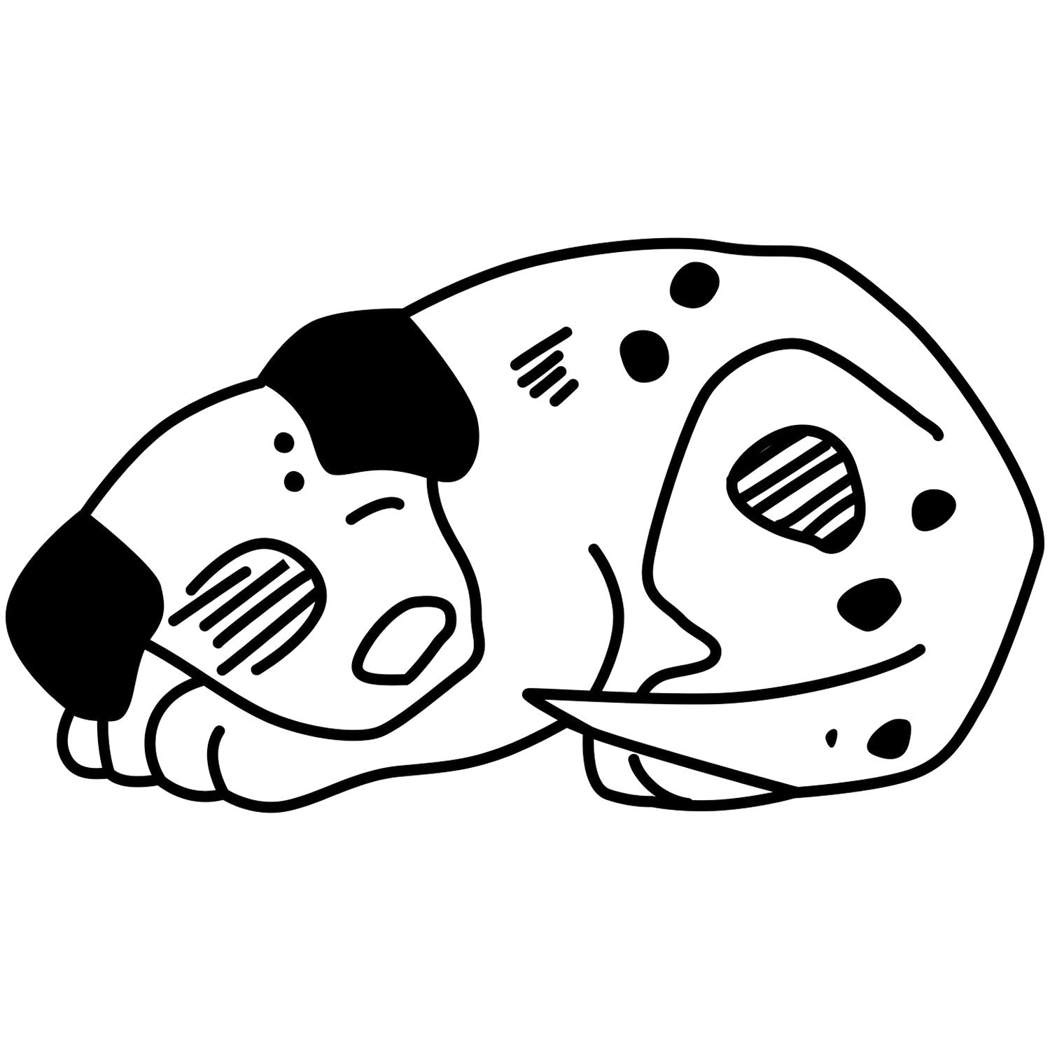 Cute black and white sleeping puppy illustration, cartoon dog lying down with spots on a white background.