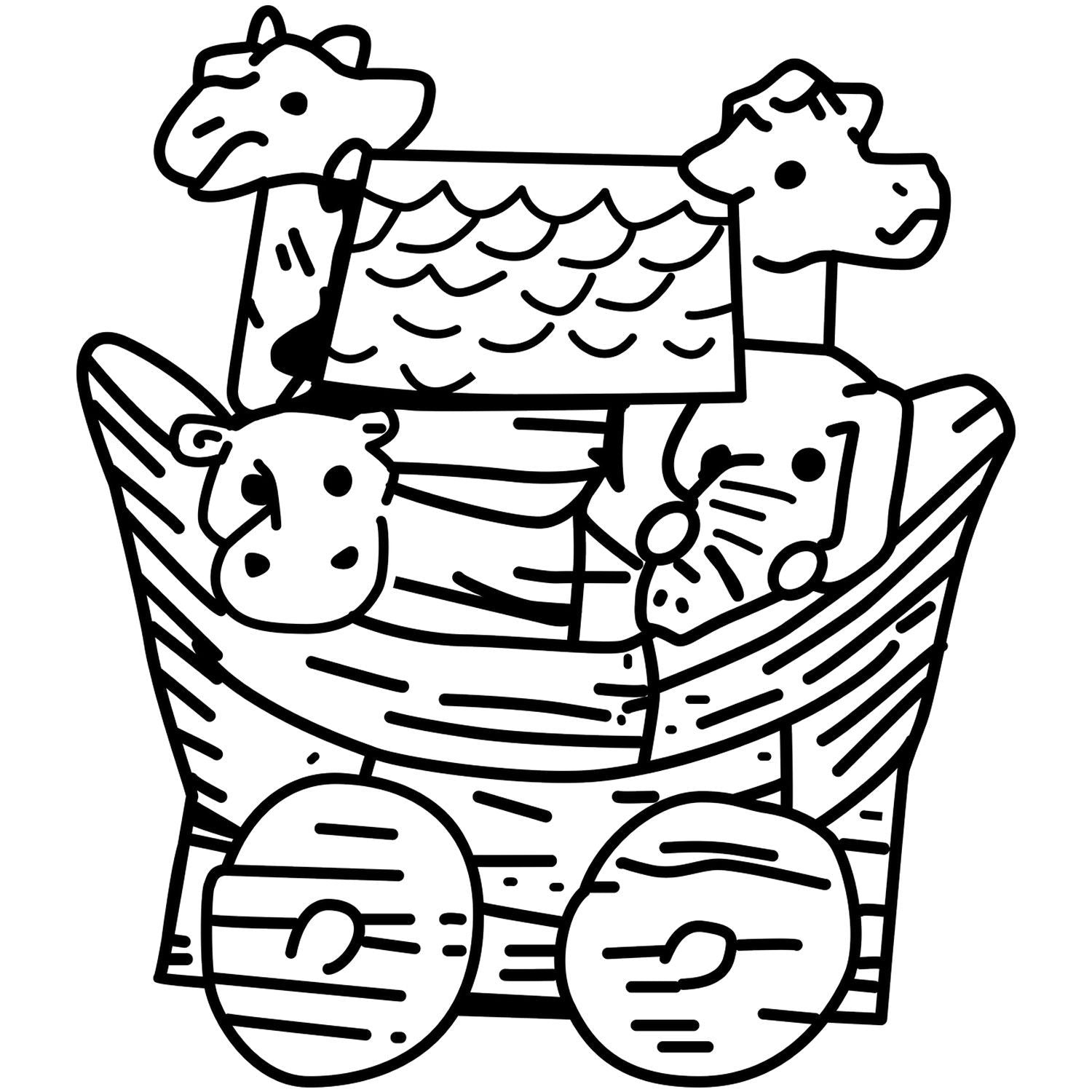 Black and white animal coloring page featuring cute giraffe and hippo faces in a wooden basket.