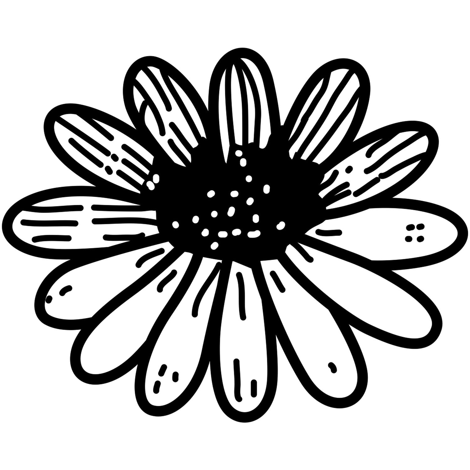 Black and white daisy flower illustration with bold outline and simple floral line art design