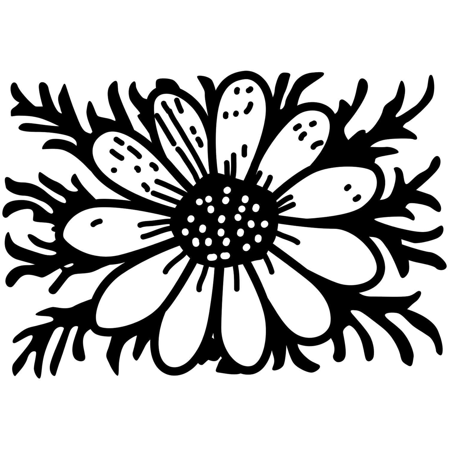 Black and white floral line art illustration of a daisy flower with decorative leaves and bold petal design.