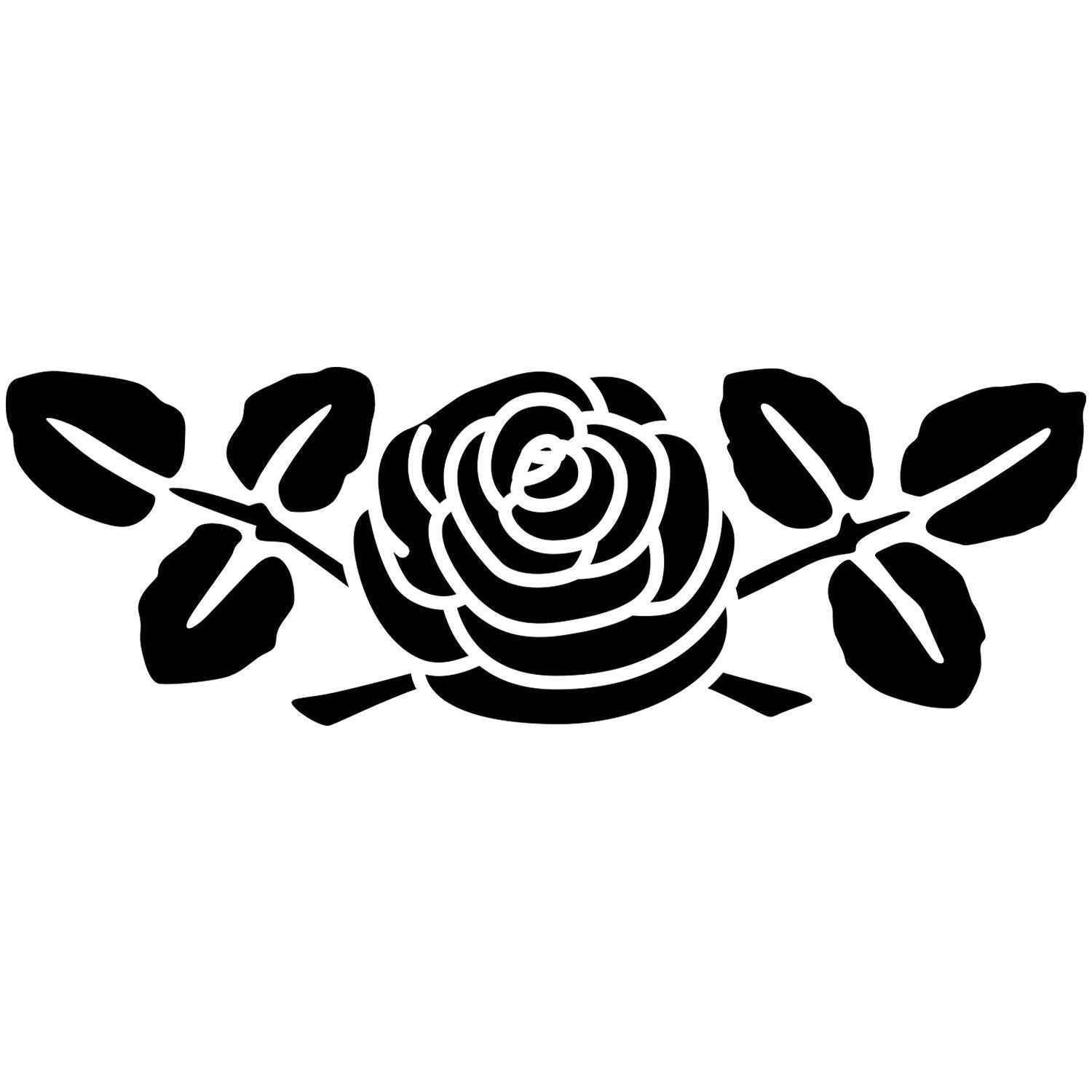 Black rose floral illustration with leaves, minimalist monochrome flower design on a white background.