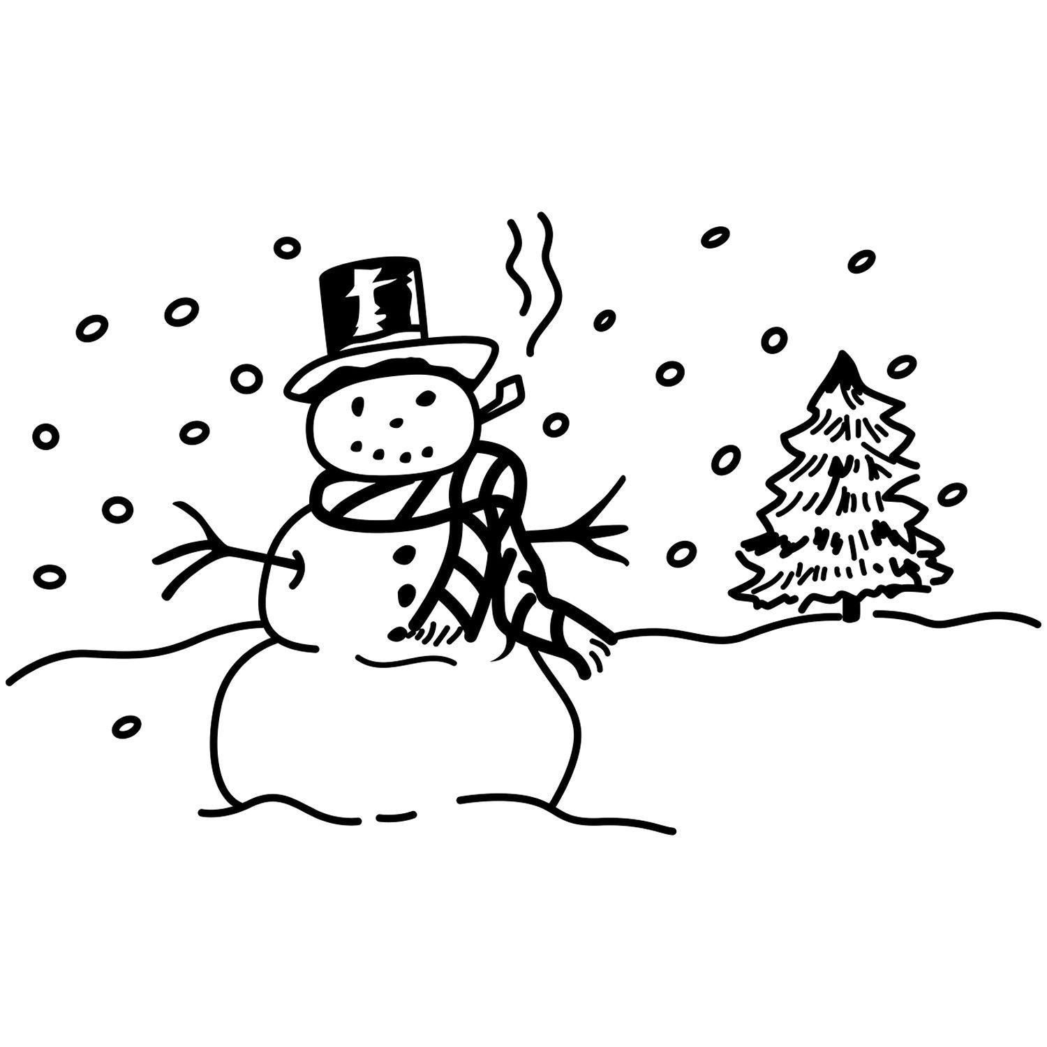 Black and white winter snowman illustration with top hat, scarf, falling snow, and pine tree in a snowy landscape.
