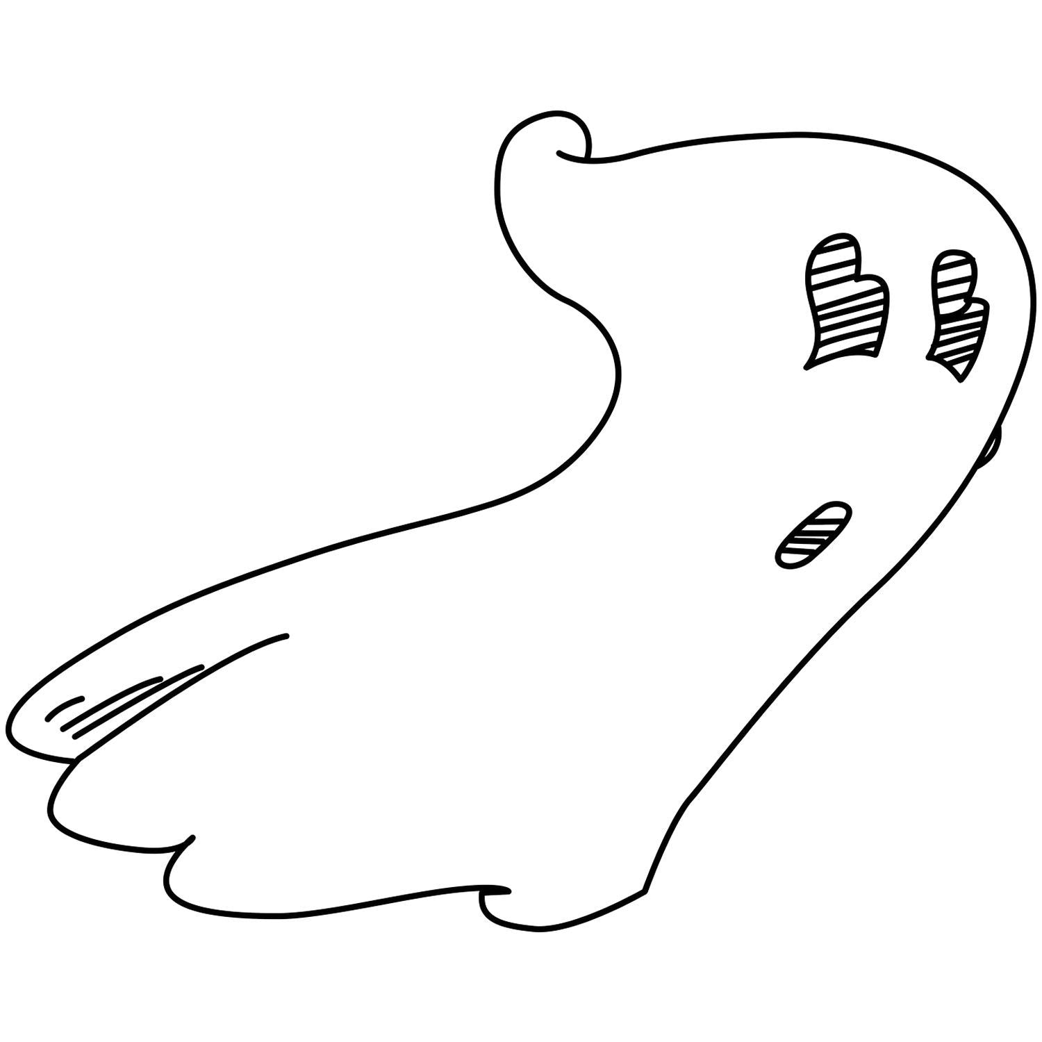 Simple black and white ghost outline illustration with striped heart details on a white background.