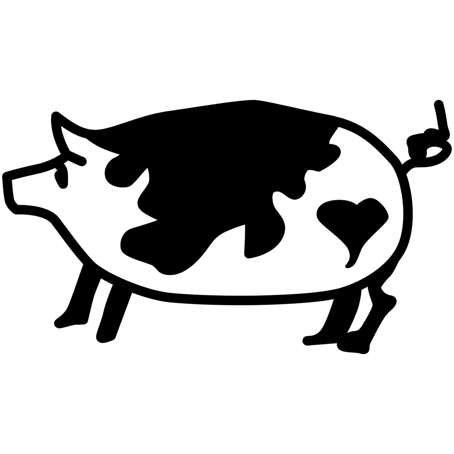 Black pig silhouette with cow-like spots and heart-shaped patch, simple farm animal clipart.