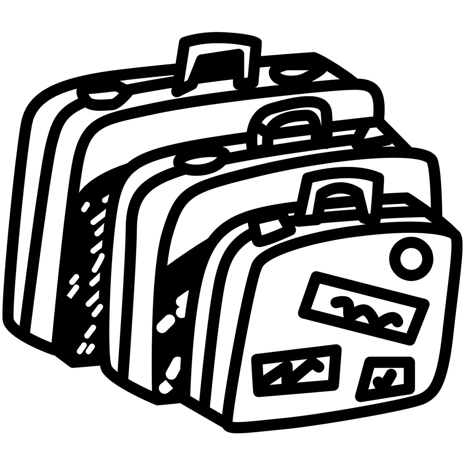 Black and white luggage suitcase icon set, stacked travel bags vector illustration for travel and tourism.