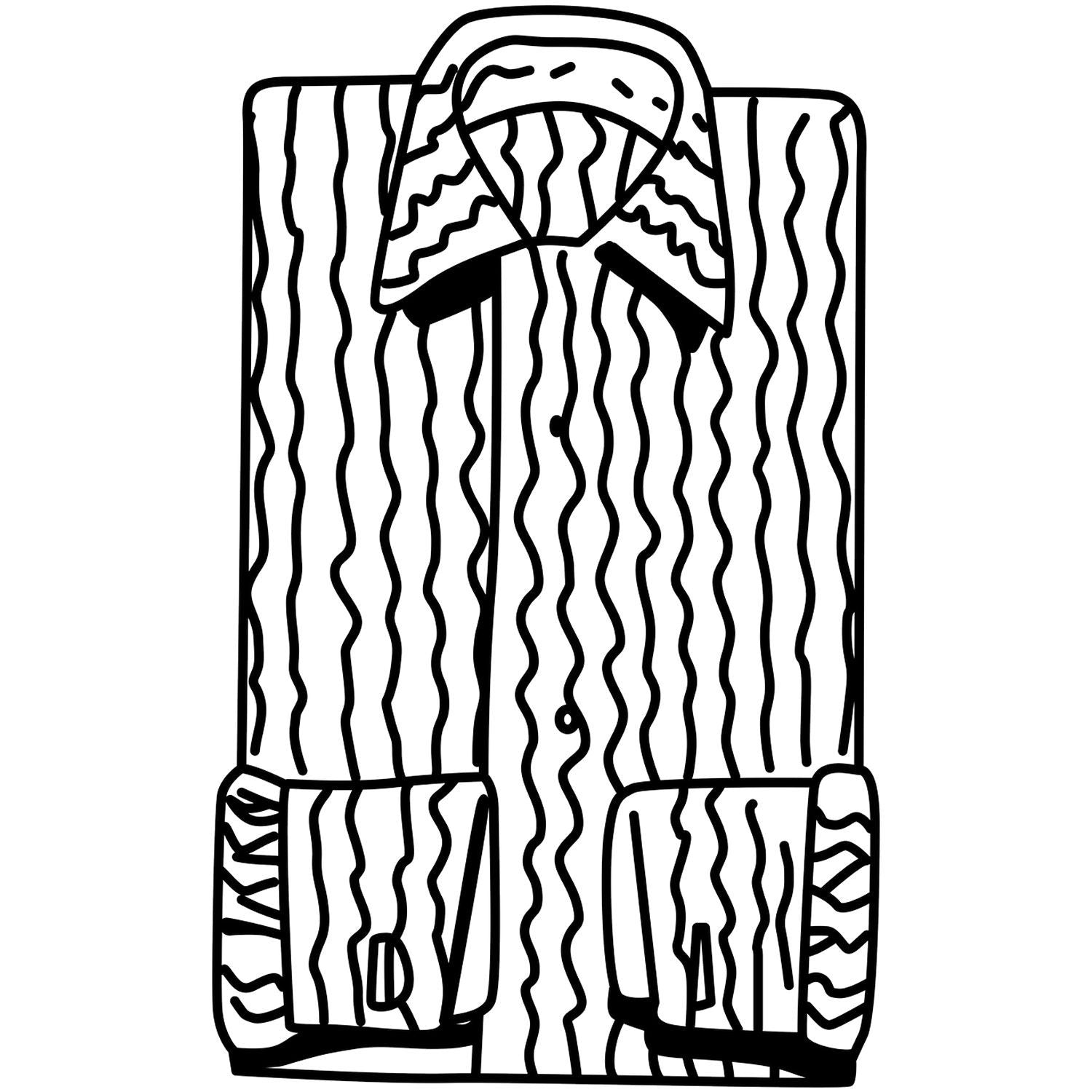 Black and white line art of a hooded zip-up jacket with a wavy wood grain pattern.