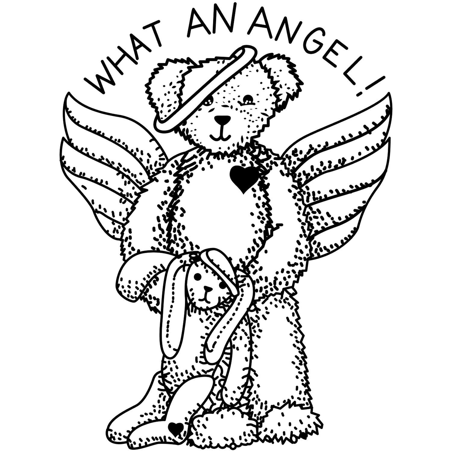 Black and white teddy bear angel illustration with wings, halo, and What an angel! text, cute printable design