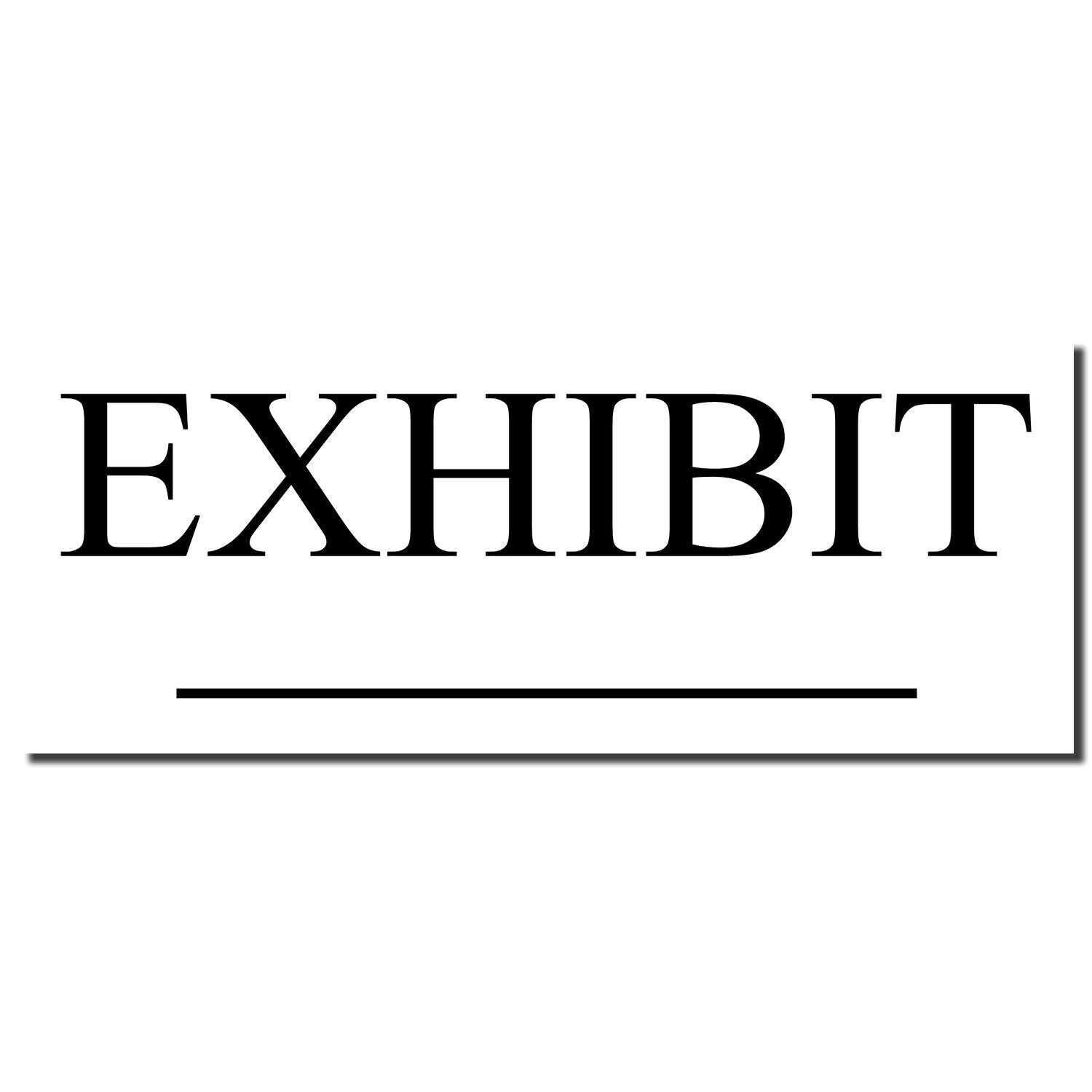 Black EXHIBIT text on a white background with an underline, simple minimal exhibit sign or presentation graphic.