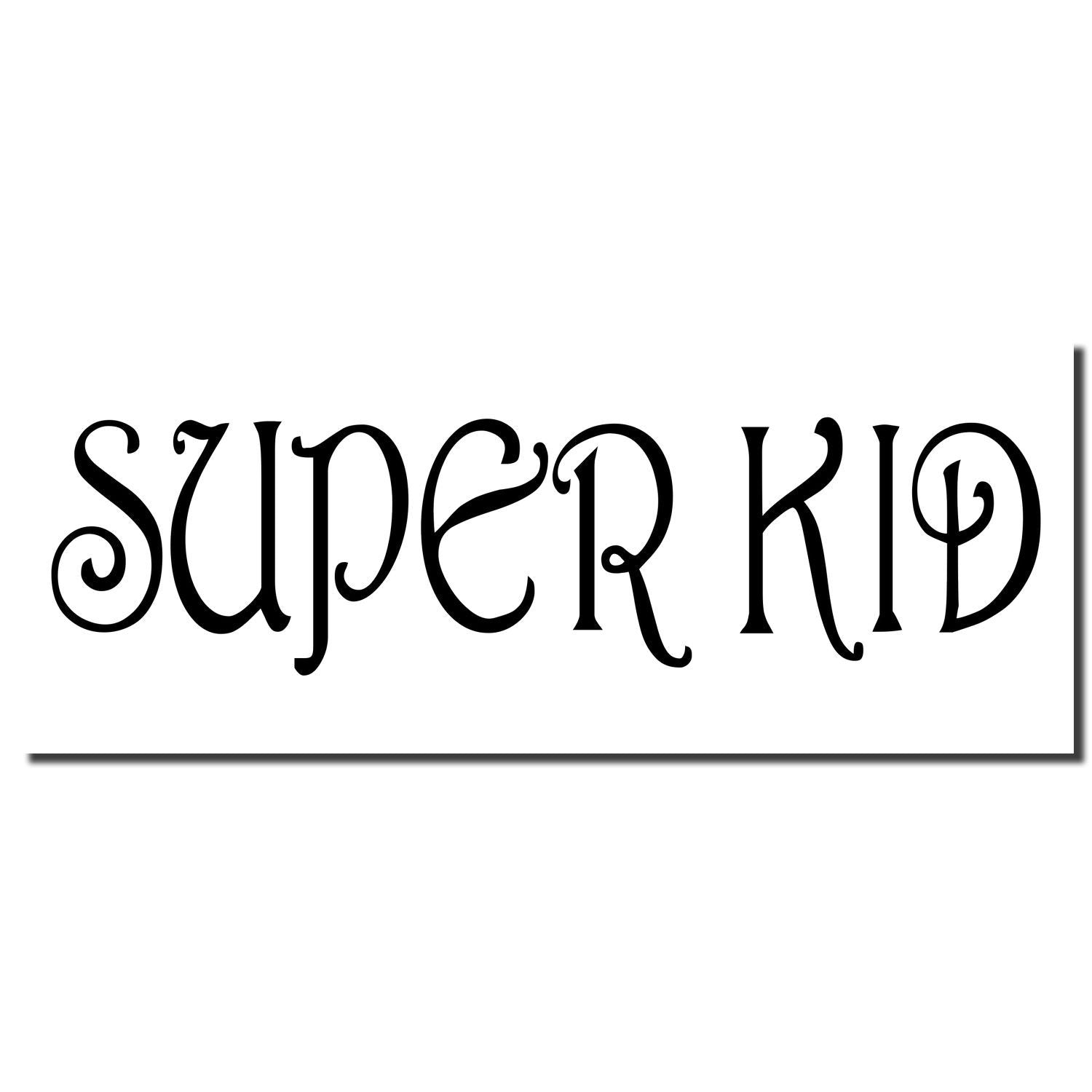 Stylish black SUPER KID typography on a white background, decorative kids design text logo.