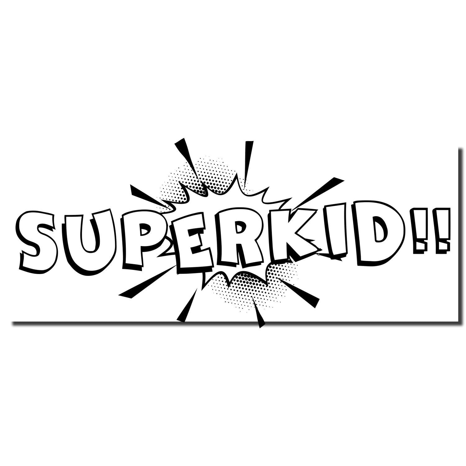Comic-style SUPERKID!! logo with explosion burst rays, promoting superhero kid branding and action-focused children's gear.