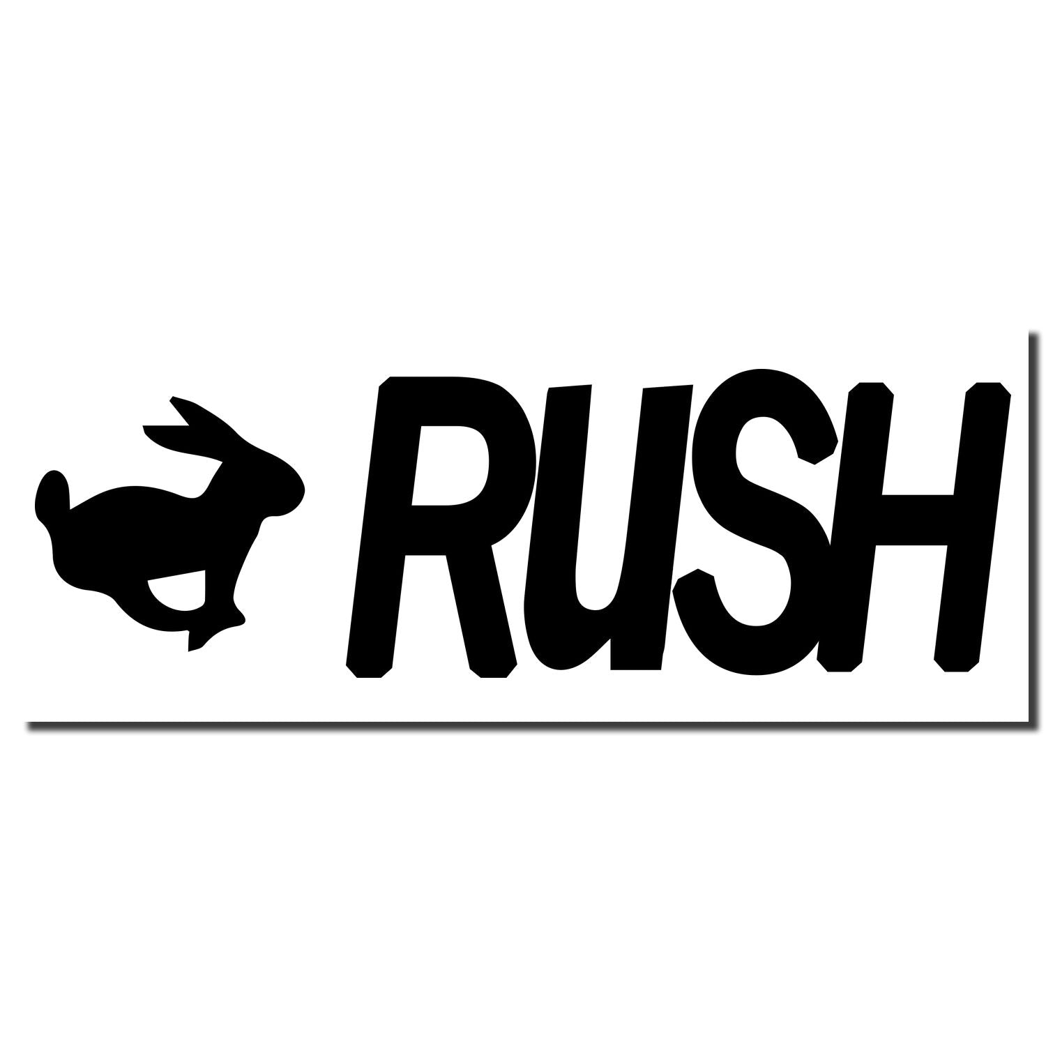 Black rabbit silhouette beside bold RUSH text logo on a white background.