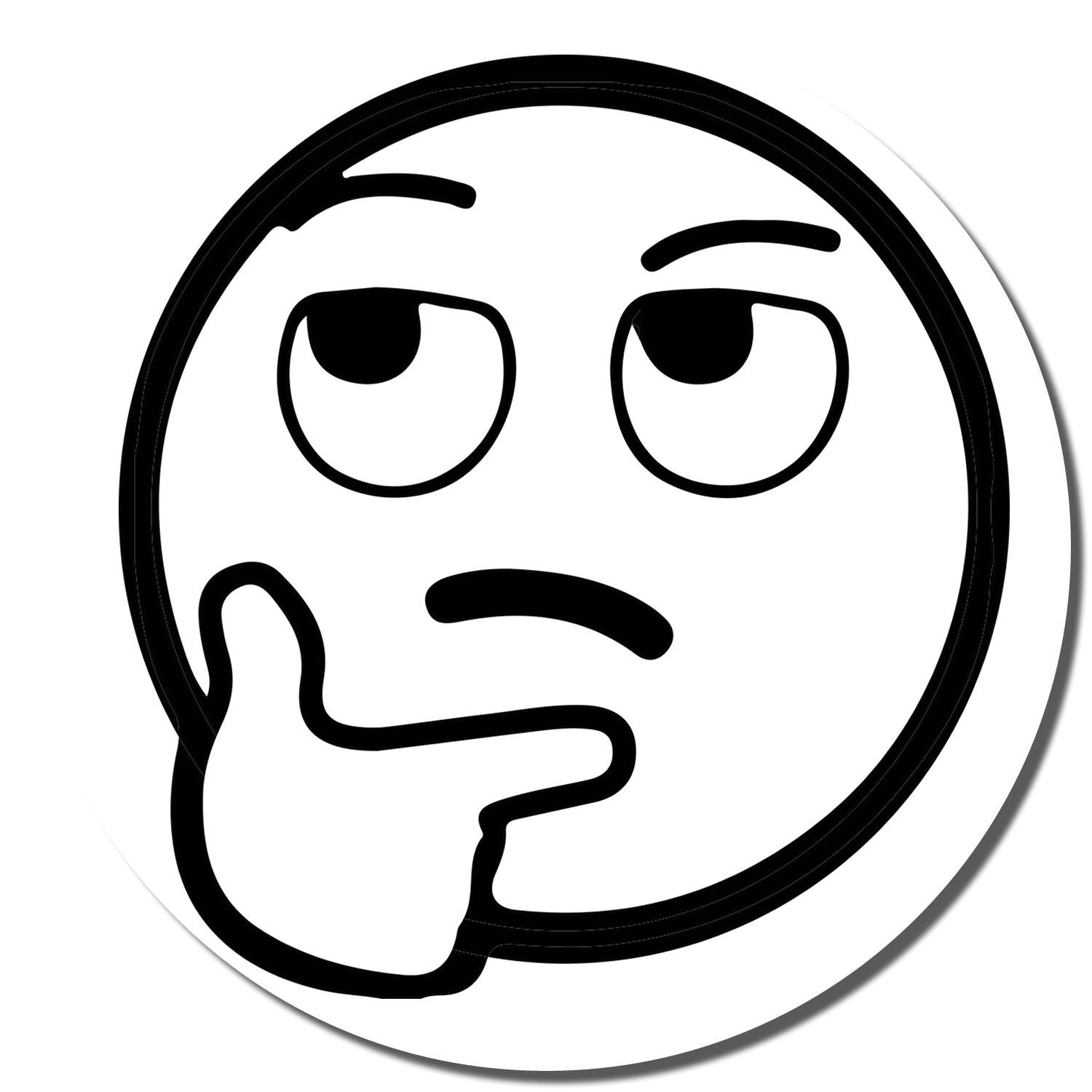 Black and white thinking face emoji icon with raised eyebrow and hand on chin, thoughtful expression illustration.
