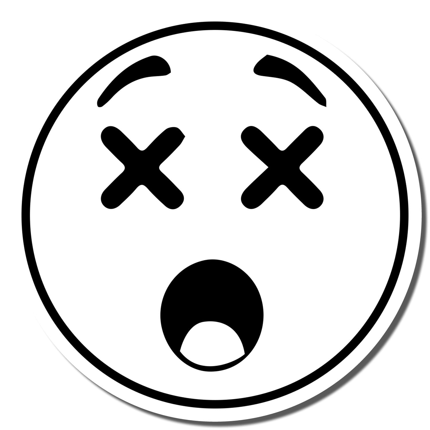 Black and white shocked dead face emoji icon with X eyes and open mouth on a white background.