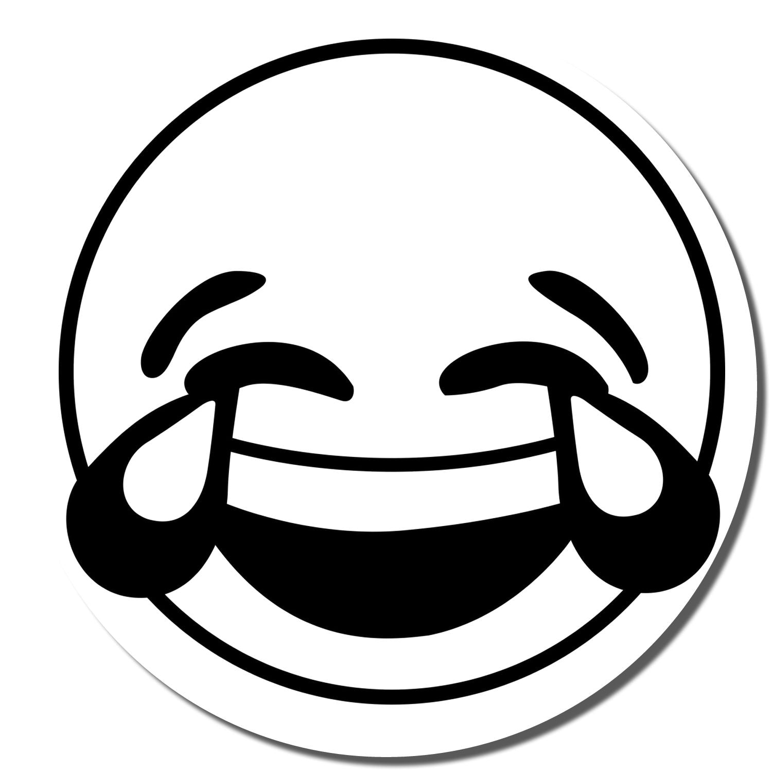 Black and white laughing tears emoji icon, joyful face with tears of laughter.