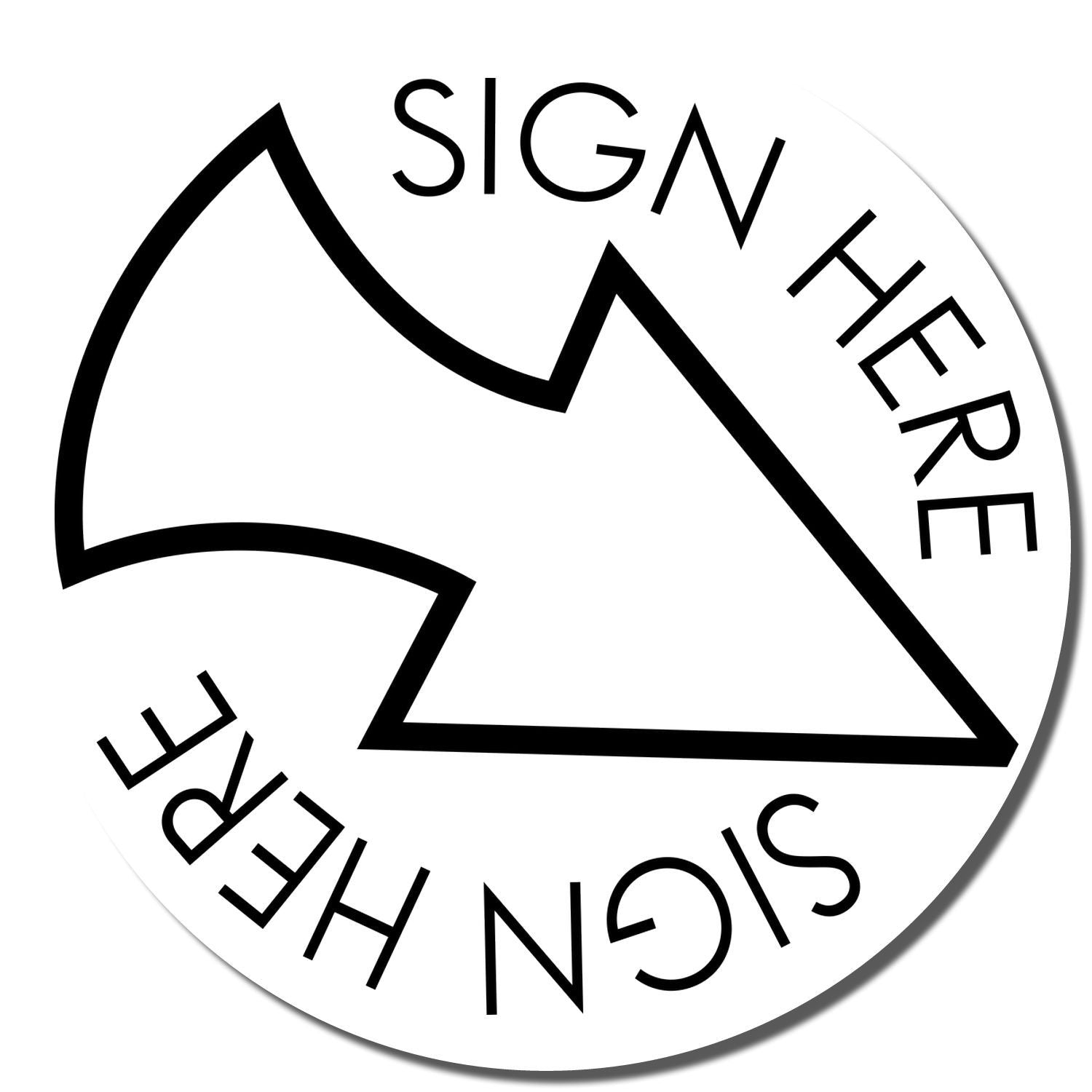 Black and white Sign Here circular logo with mountain icon, modern minimalist design