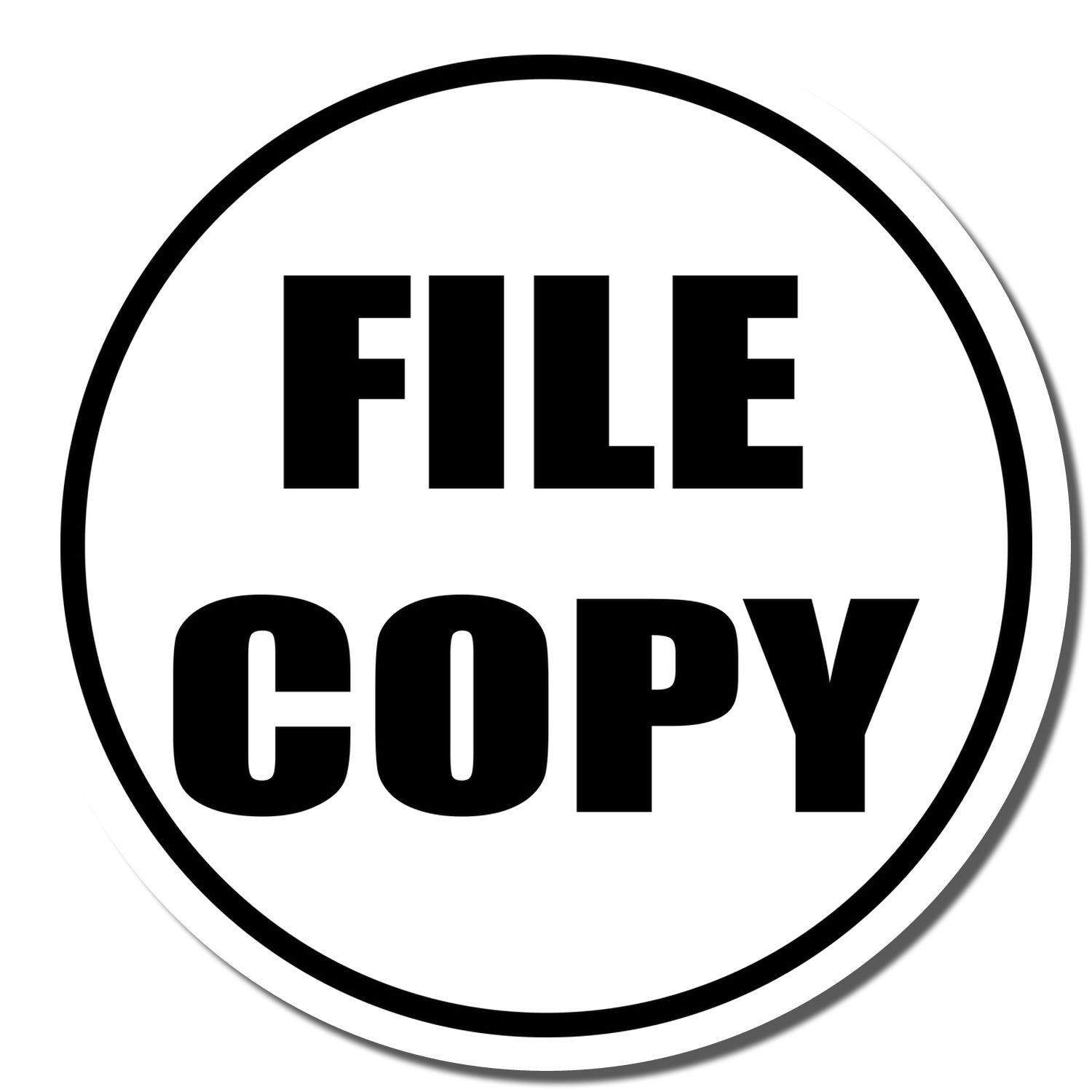 Black FILE COPY icon in a circular border, simple copy file symbol on white background.