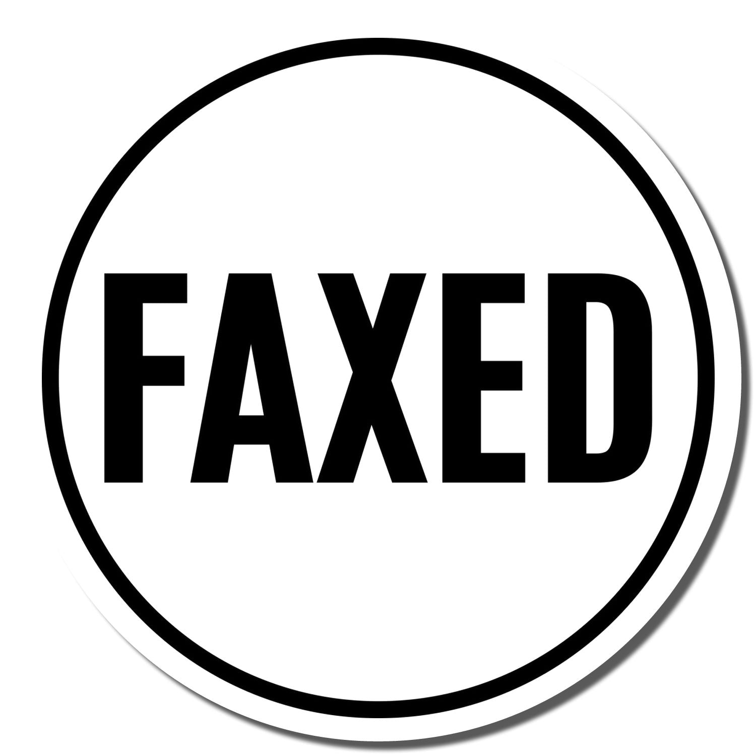 Black and white FAXED stamp icon in a circular border, office document approved and sent symbol.