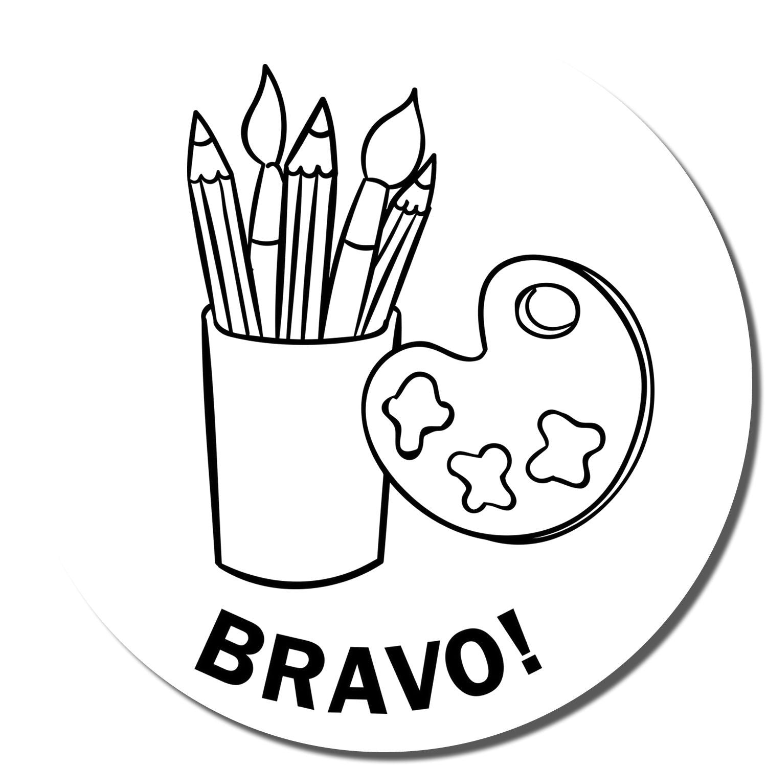 Black and white Bravo art supplies logo with pencils in a cup and artist palette icon.