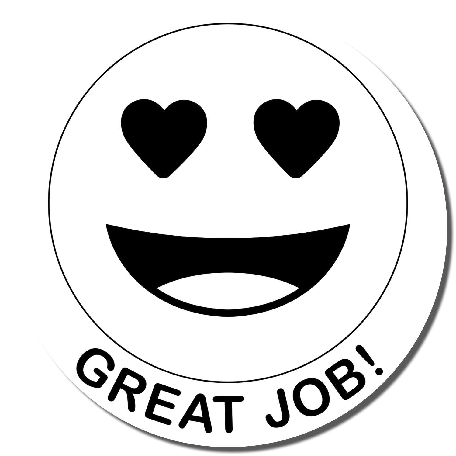 Heart eyes smiley face Great Job motivational sticker on white background.