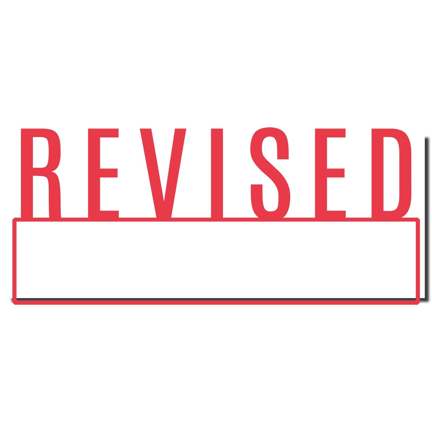 Revised stamp graphic with red REVISED text and blank label box, used to mark updated documents or versions.