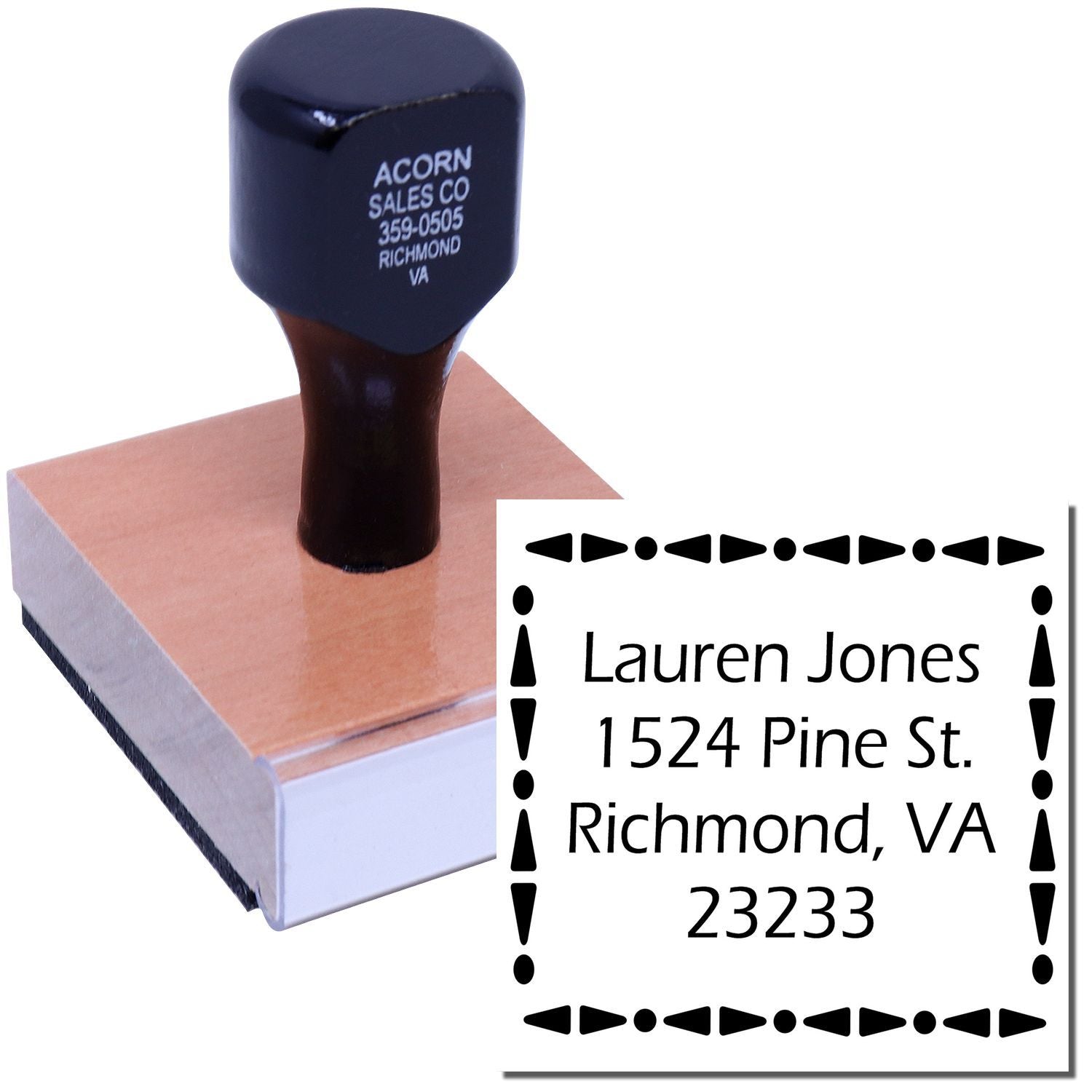 Custom address rubber stamp with self-inking pad and sample imprint for Lauren Jones, Richmond VA 23233.