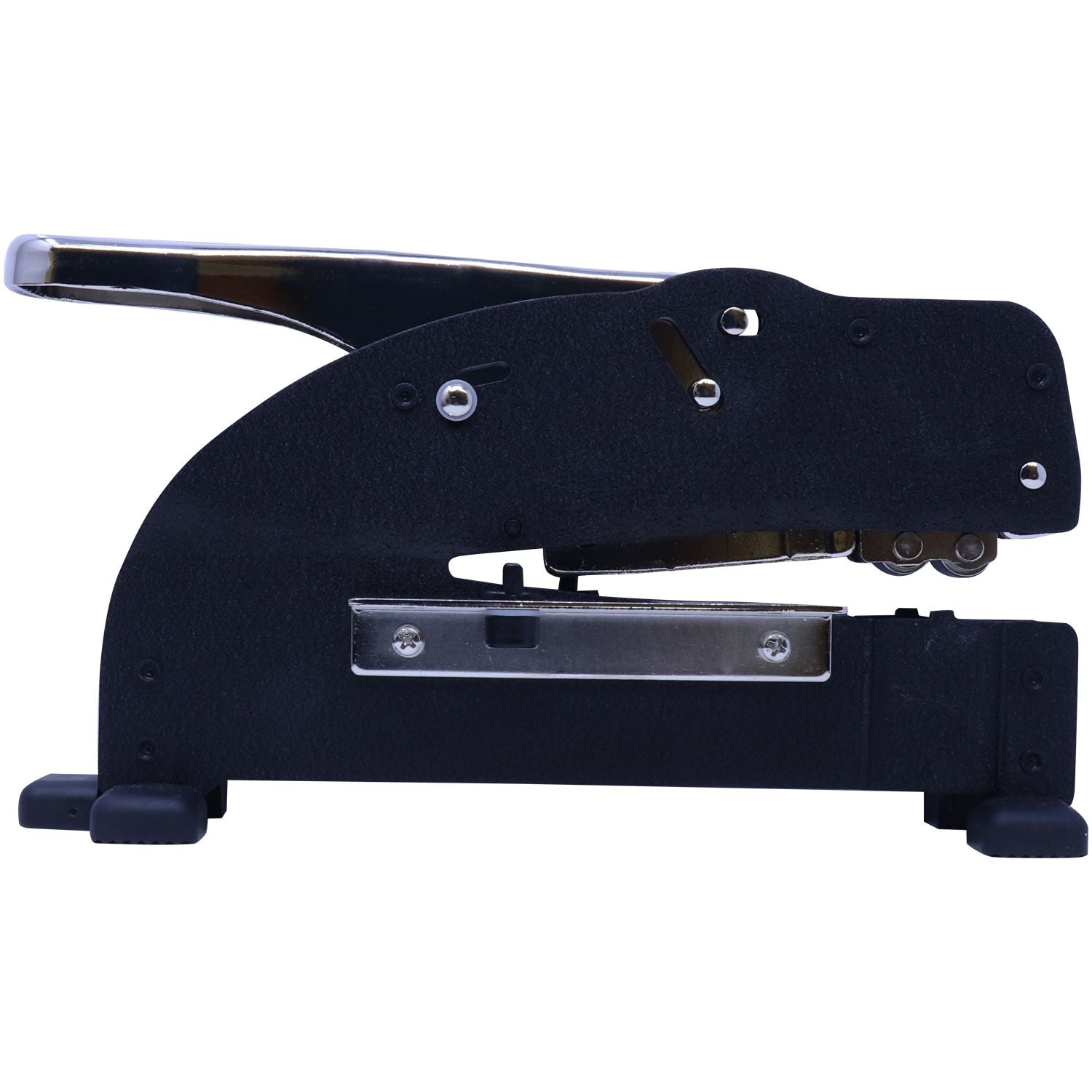 Black heavy-duty desktop stapler with long lever on a white background.