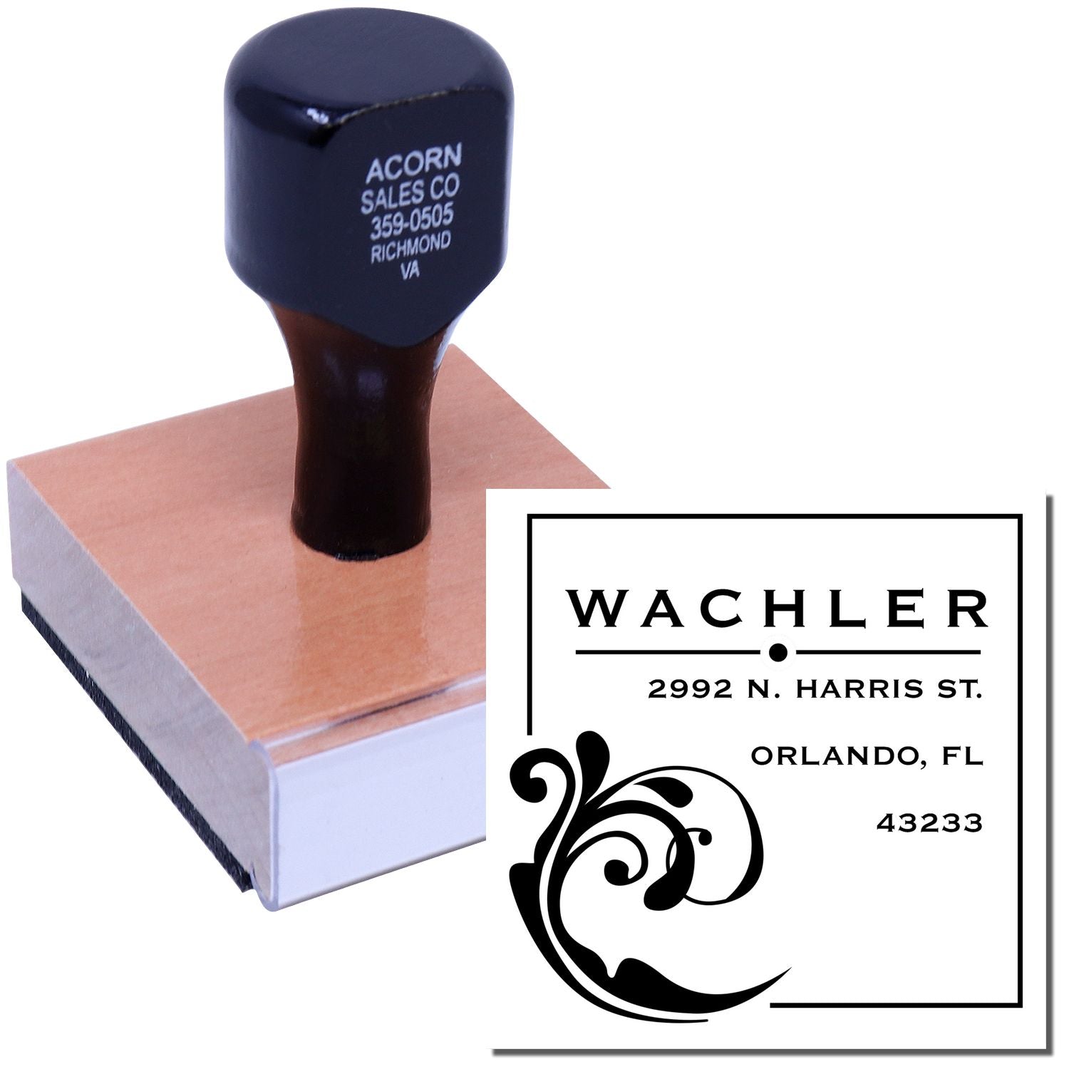 Custom business address rubber stamp with logo imprint for mailing, branding, and contact details.
