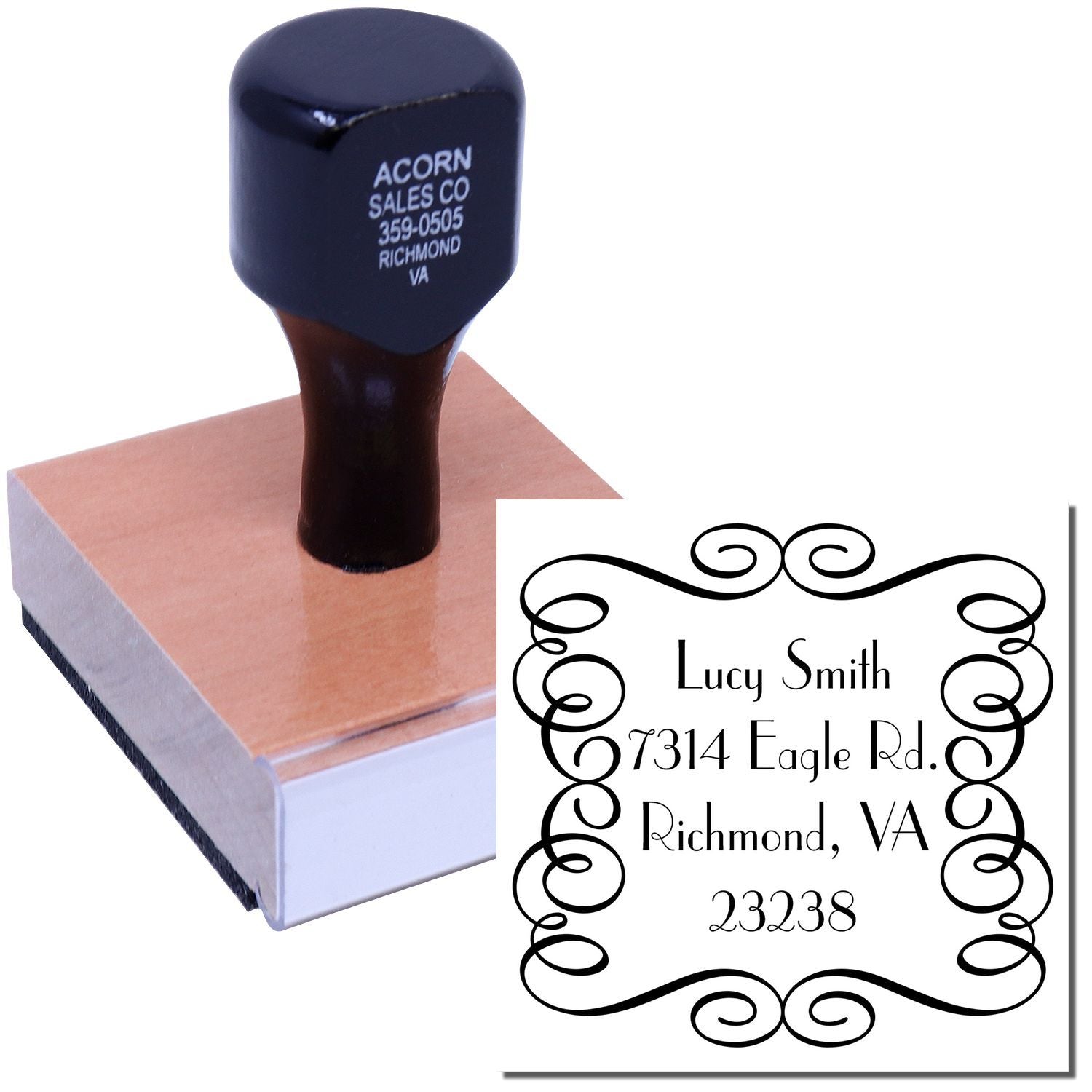 Custom rubber address stamp with decorative border and personalized name, street address, Richmond, VA, and ZIP code.
