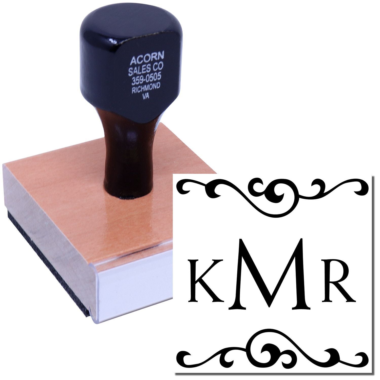 Custom monogram rubber stamp with KMR initials and decorative flourishes for personal stationery and branding.