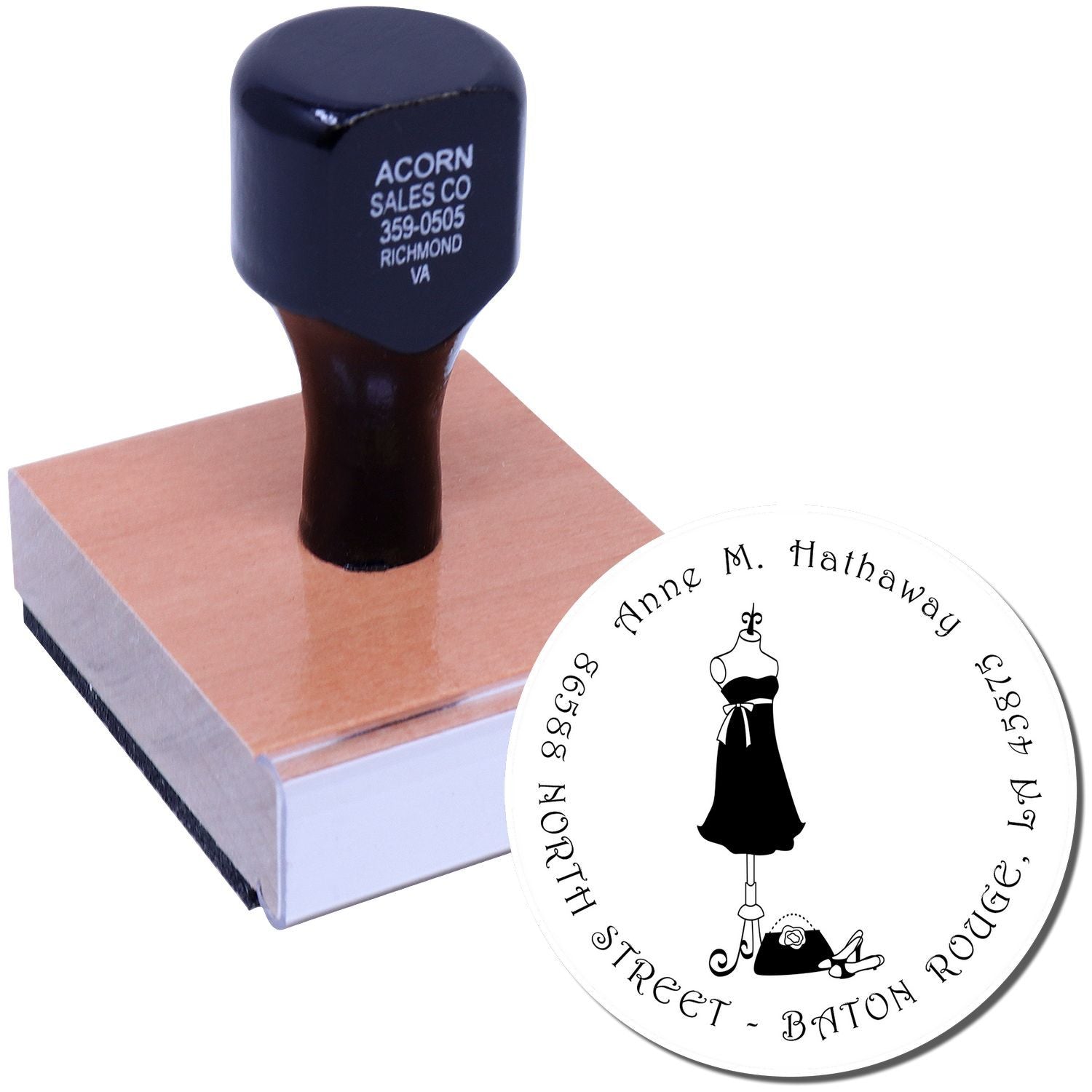 Personalized self-inking rubber stamp with dress form logo and custom return address design for Anne M. Hathaway, Baton Rouge, LA.