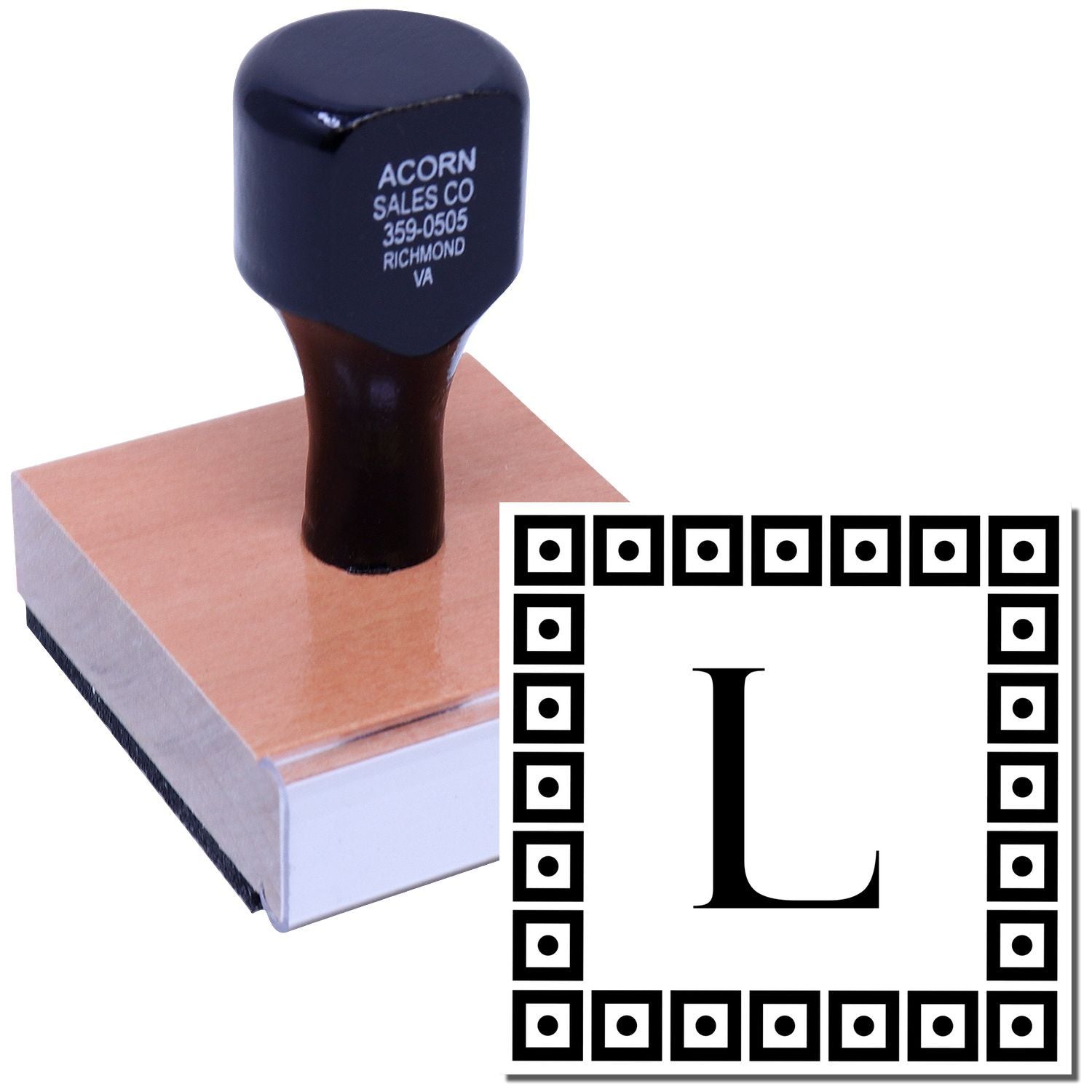 Wood handle rubber stamp with large letter L monogram in square border for custom branding and stationery.