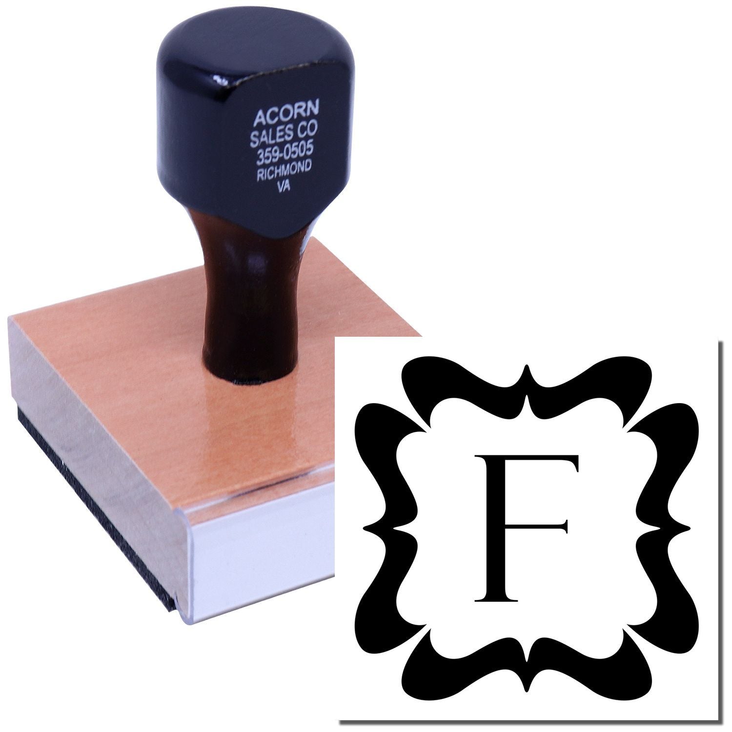 Custom letter F rubber stamp with decorative monogram design for stationery, branding, and packaging.