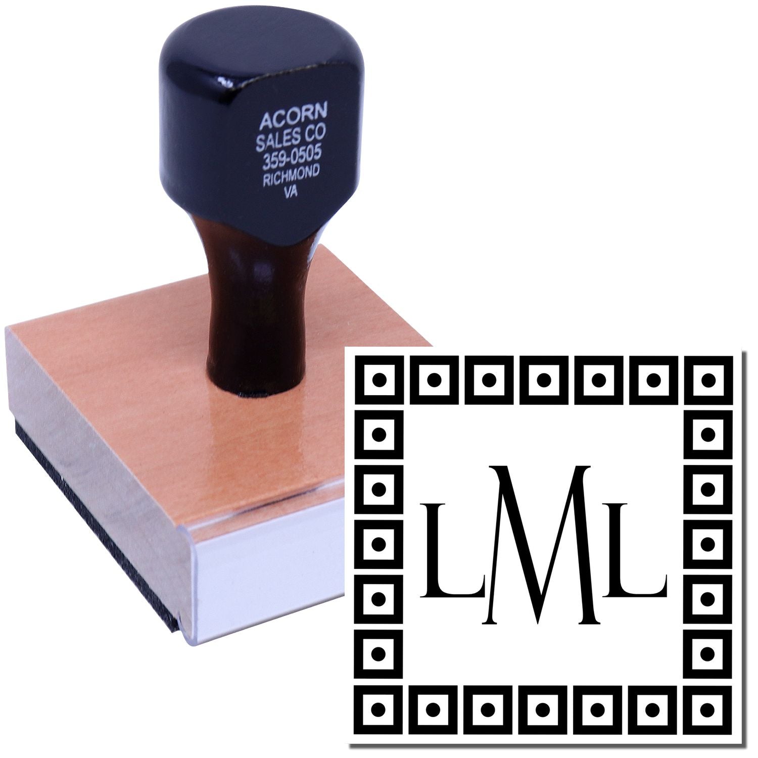 Custom self-inking monogram rubber stamp with square border design for personalized stationery, business branding, or return addresses.