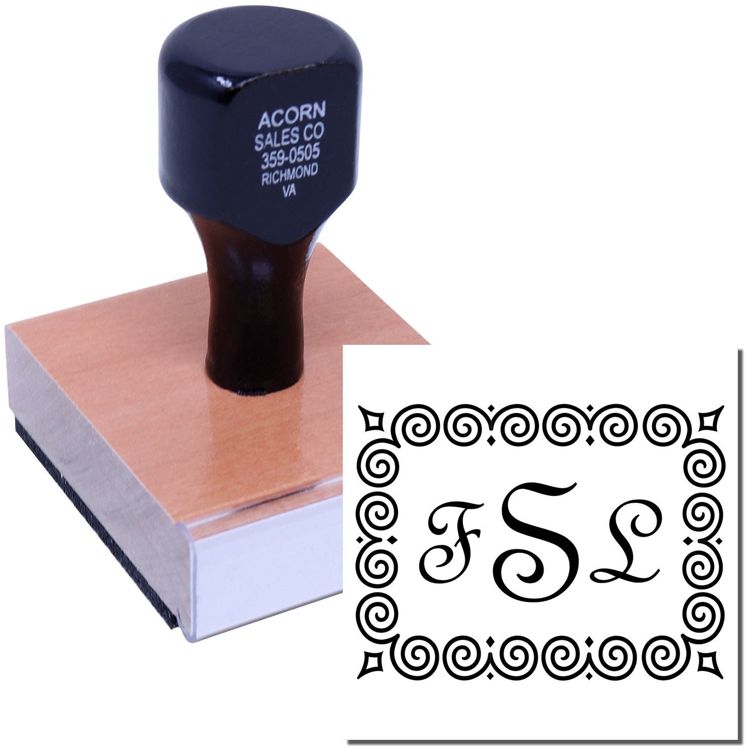 Custom rubber stamp with ornate monogram border, ideal for business branding and personalized stamping.