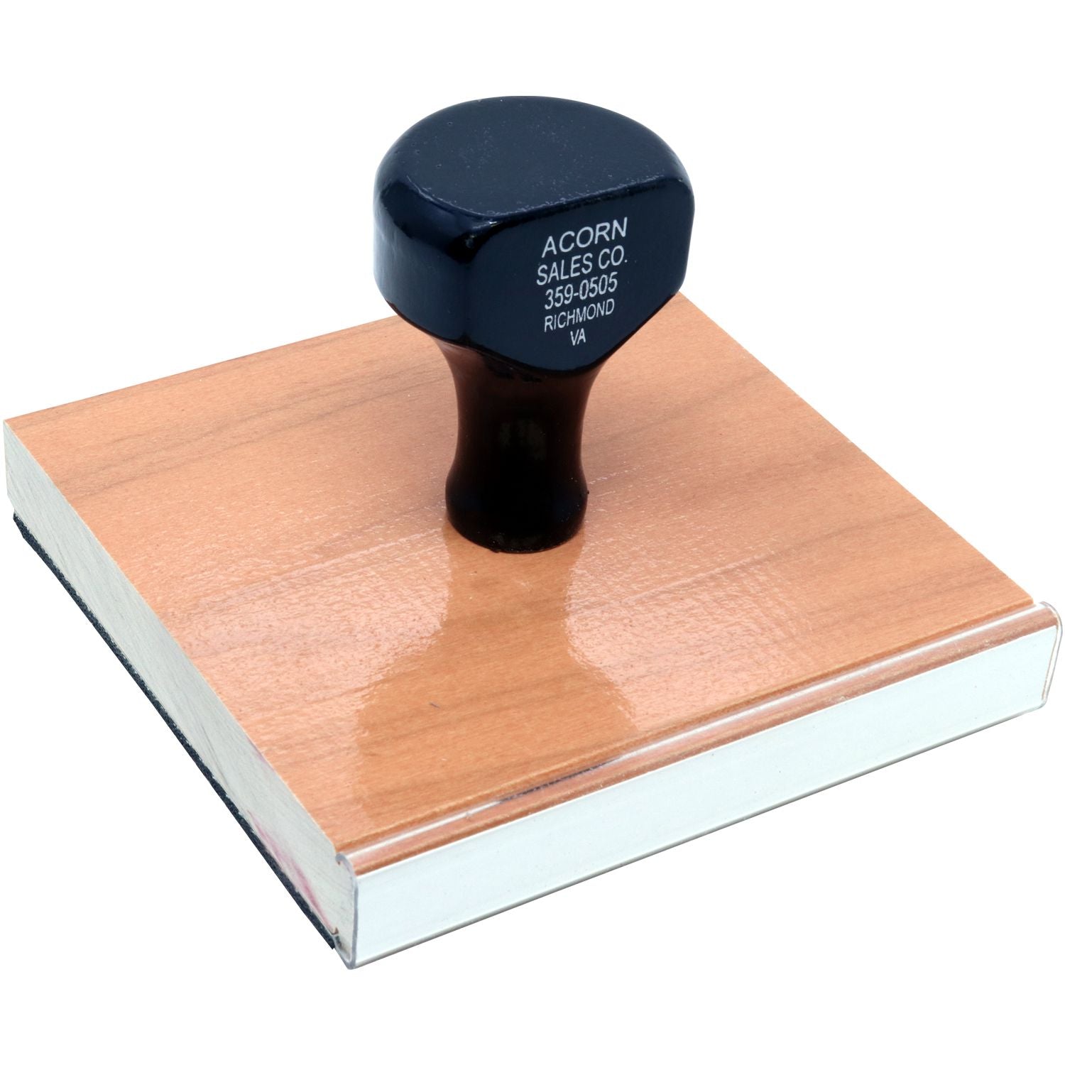 Acorn Sales Co rubber stamp on wood block, showing Richmond VA phone number for mailing labels, invoices, and office documents.