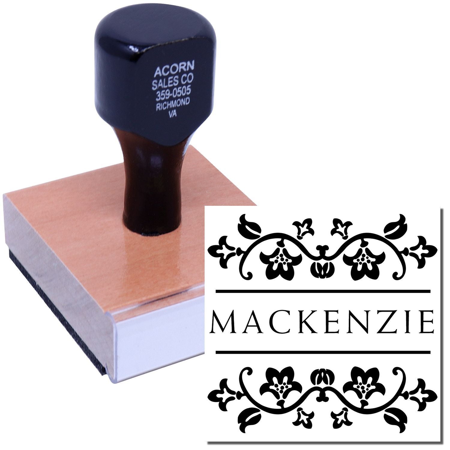 Custom rubber address stamp with Mackenzie name and floral border design for personalized return mailing.