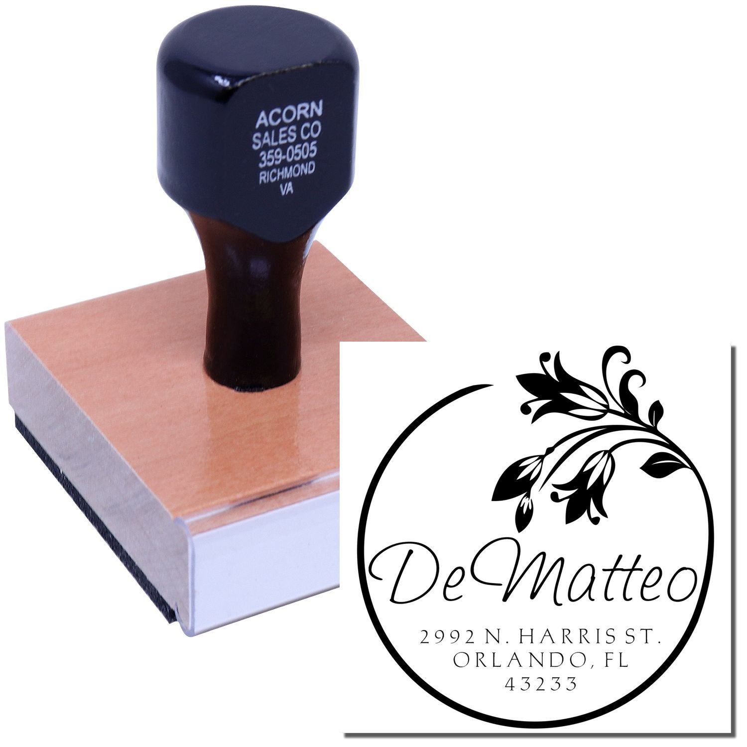 Custom address rubber stamp with floral monogram for personalized wedding invitations, business mail, and return addresses.