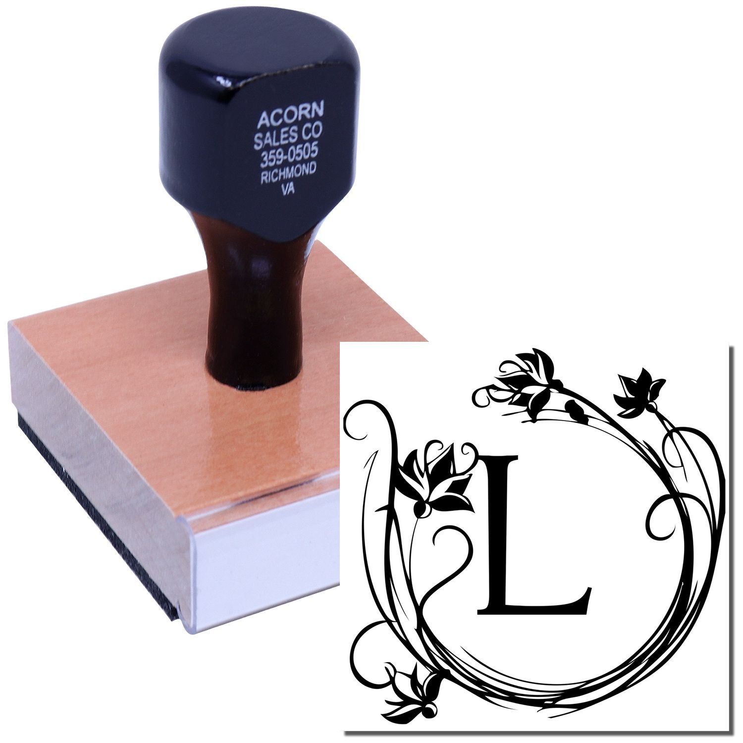 Custom floral initial L rubber stamp for personalized stationery, wedding invitations, and business branding.