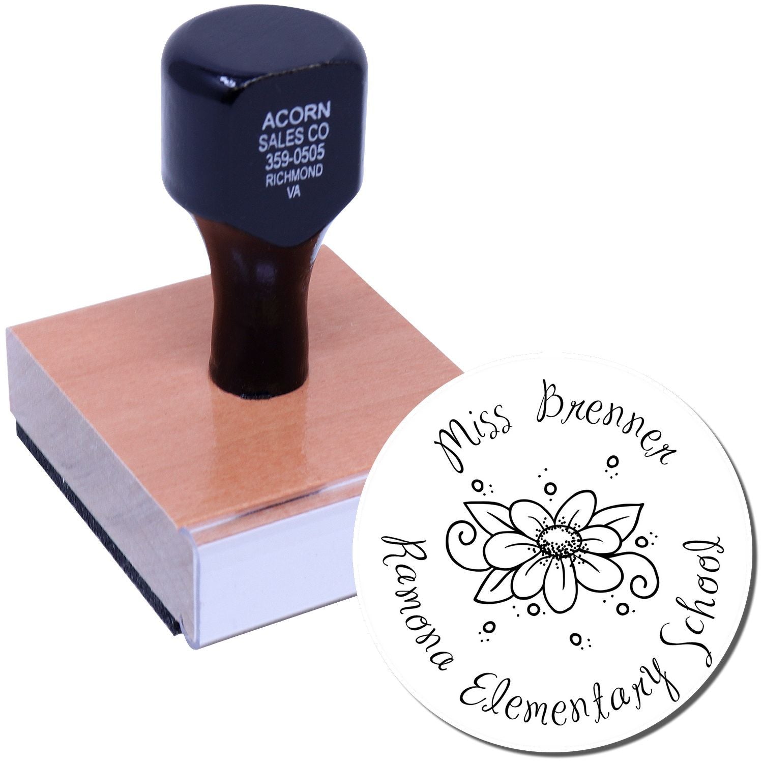 Custom round rubber stamp with floral school design, ideal for teacher names, classrooms, and stationery.