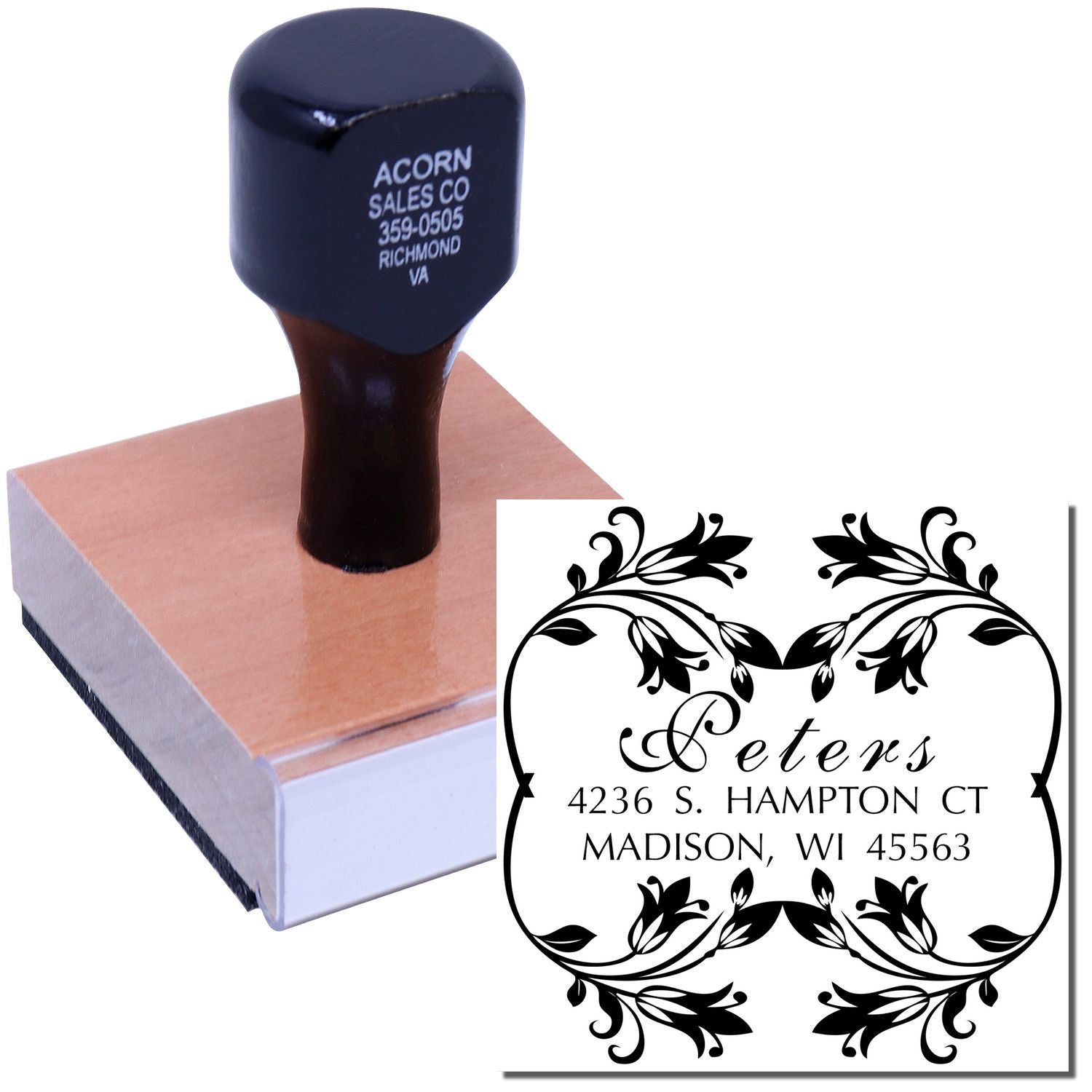 Custom floral rubber address stamp for Peters, Madison WI, shown on a self-inking stamp block.