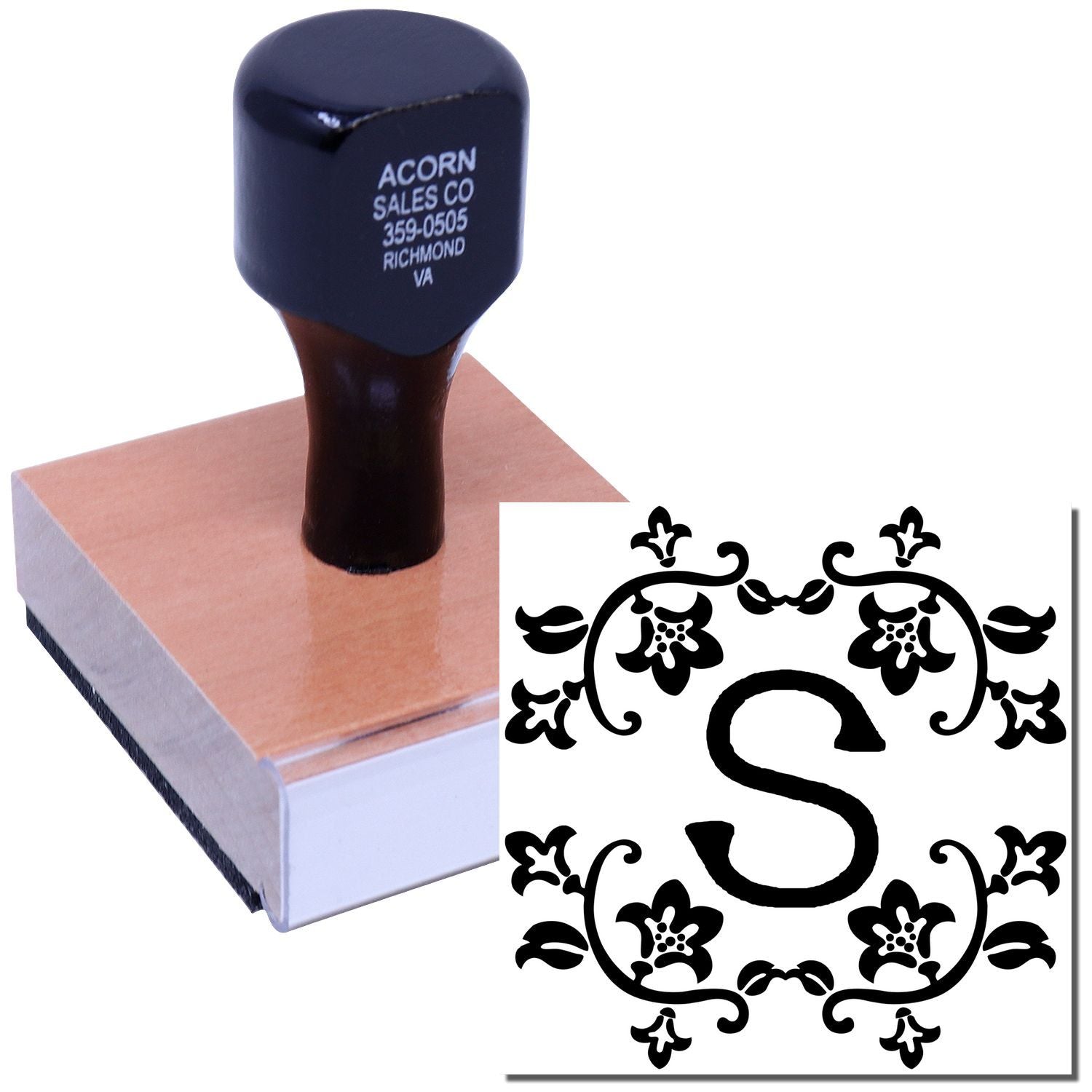 Custom monogram S rubber stamp with floral design for personalized stationery, invitations, and craft branding.