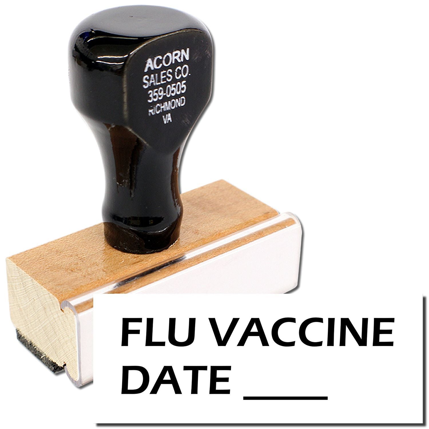 Flu vaccine date label on syringe and vial for influenza immunization, showing Acorn Sales Co. 359-0505 Richmond VA.