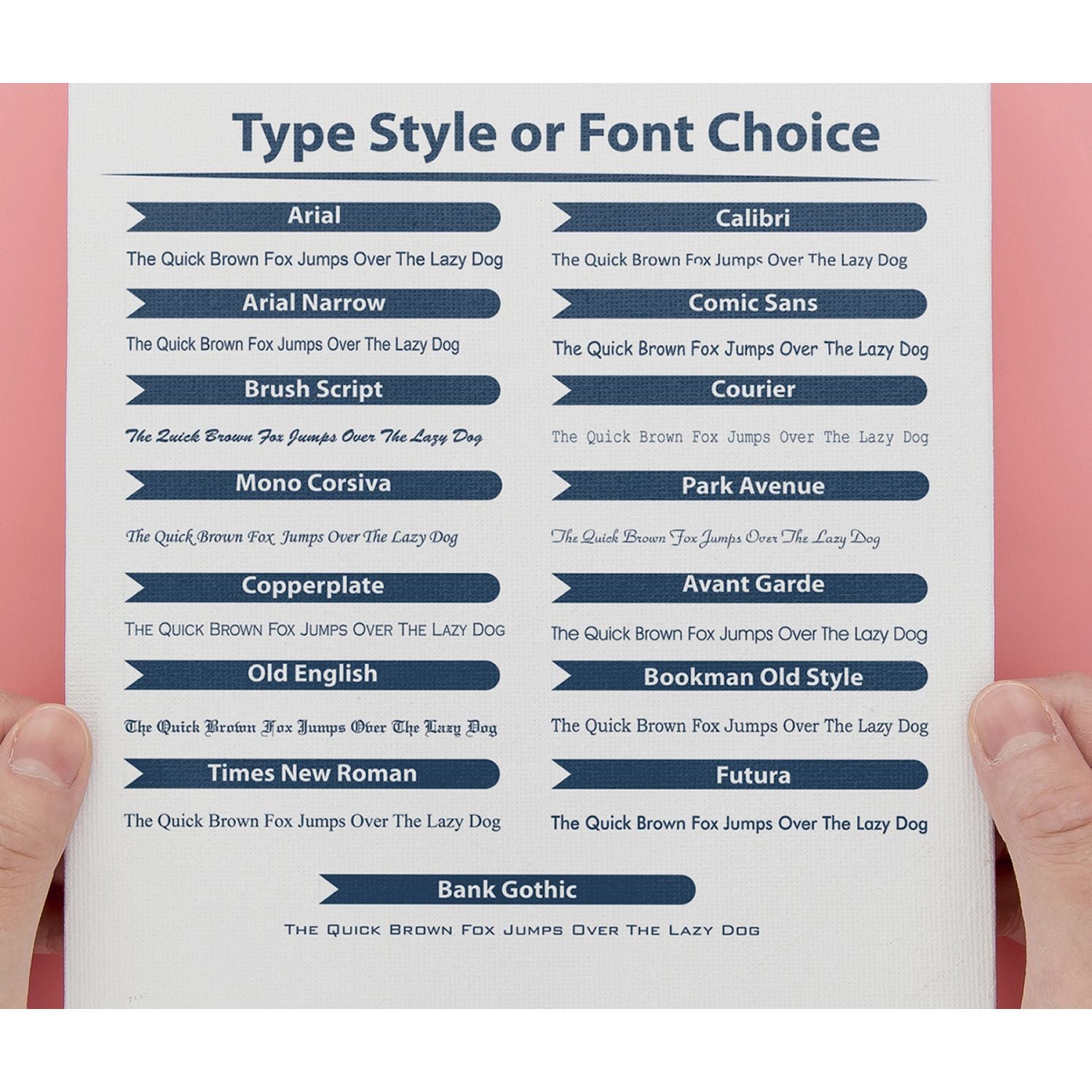 Typography font style chart showing sample text in different typefaces including Arial, Calibri, Comic Sans, Times New Roman, and Futura, held by hands.