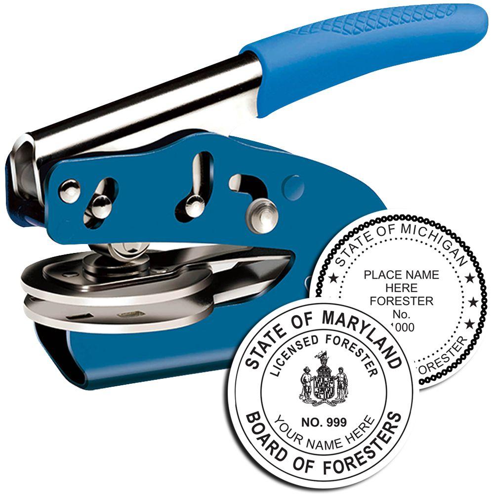 Blue metal forestry tree planting tool with custom state forester badges and seals