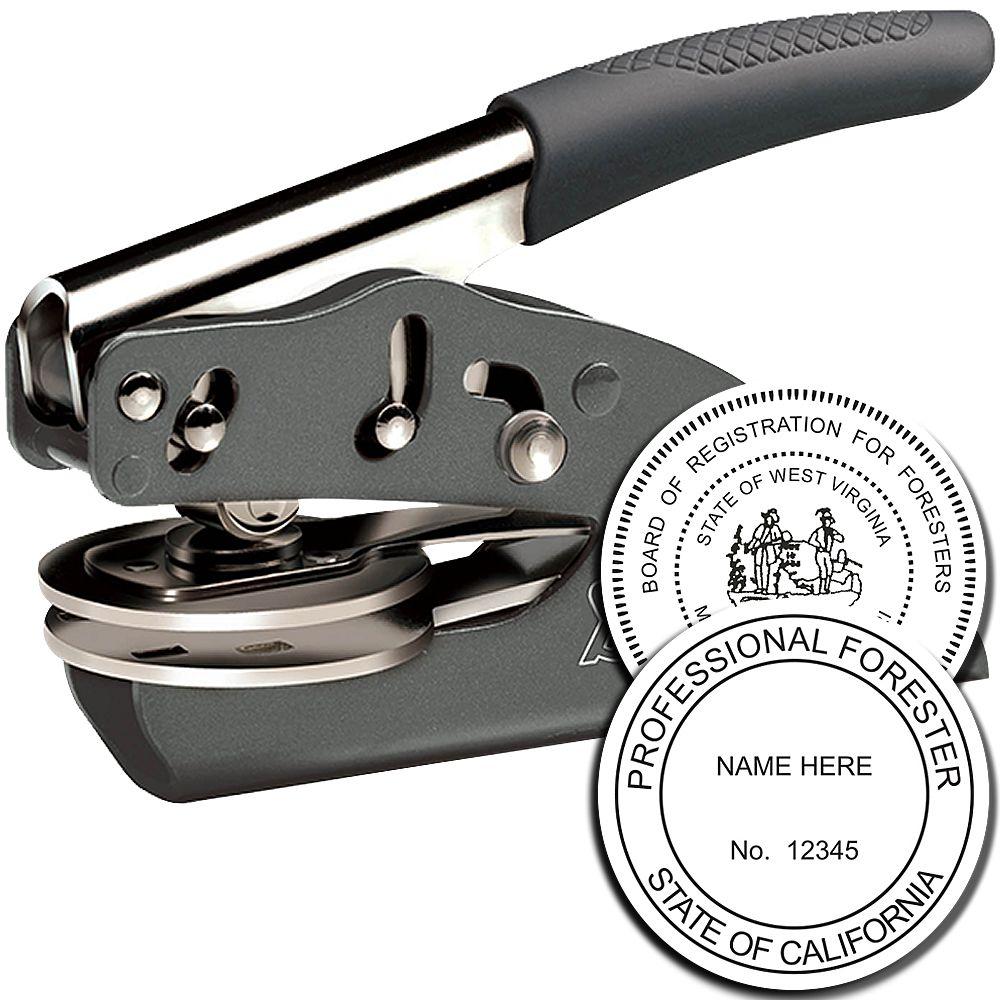 Handheld professional forester embossing seal stamp with custom California and West Virginia seal designs.
