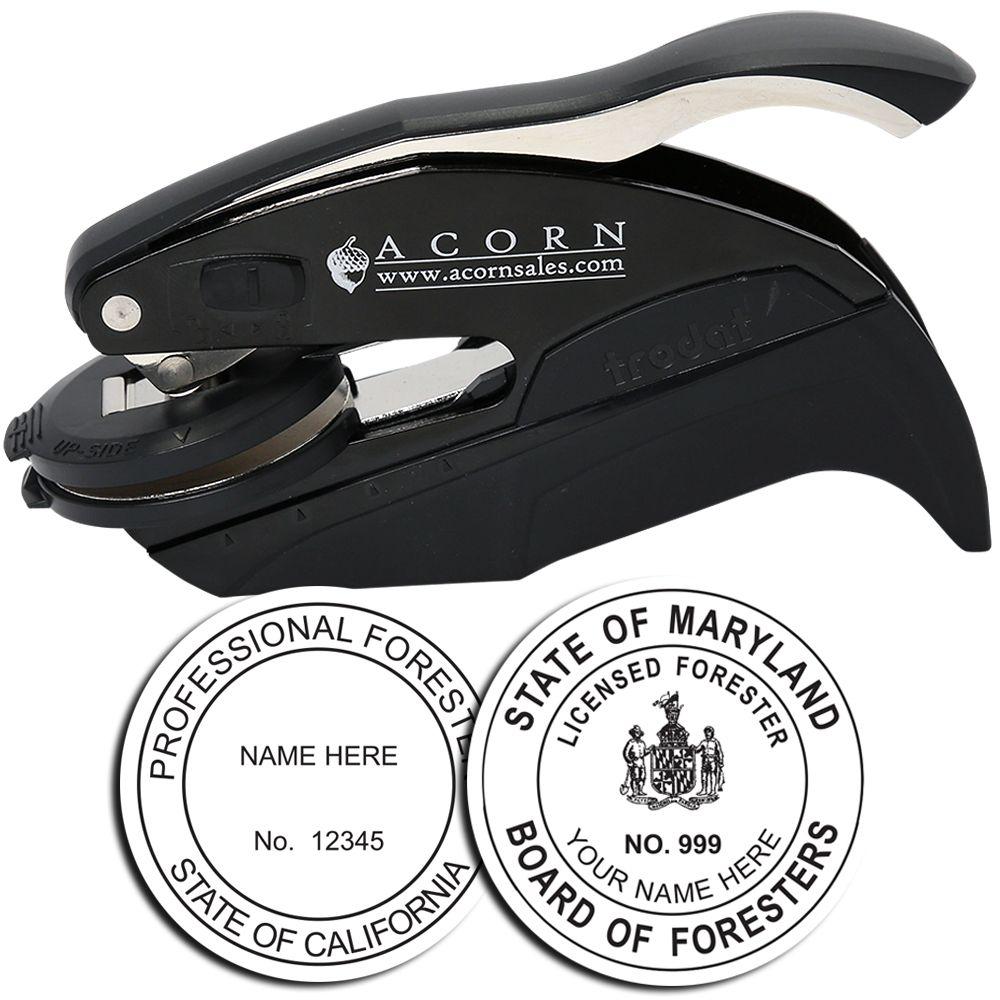 Black self-inking professional forester stamp with custom circular forestry seal impressions for California and Maryland.
